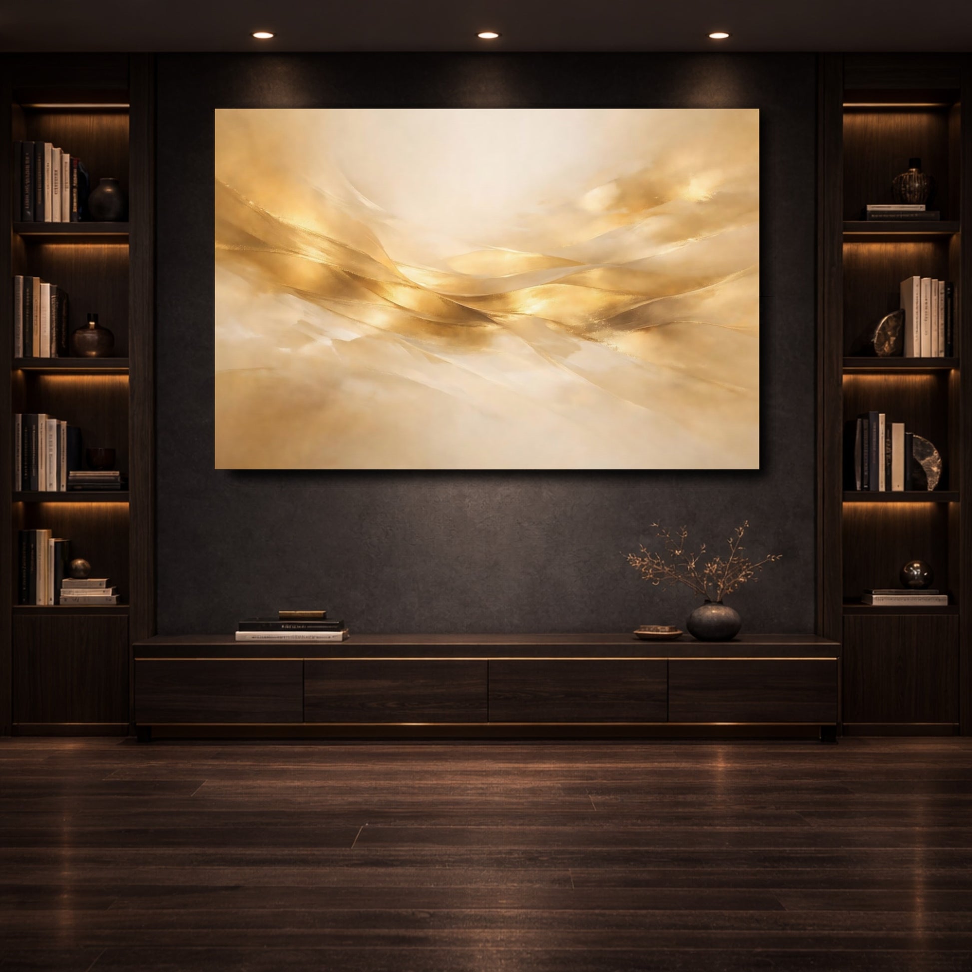 Mockup 3. Abstract Golden Waves Gold Abstract shown as stretched canvas wall art