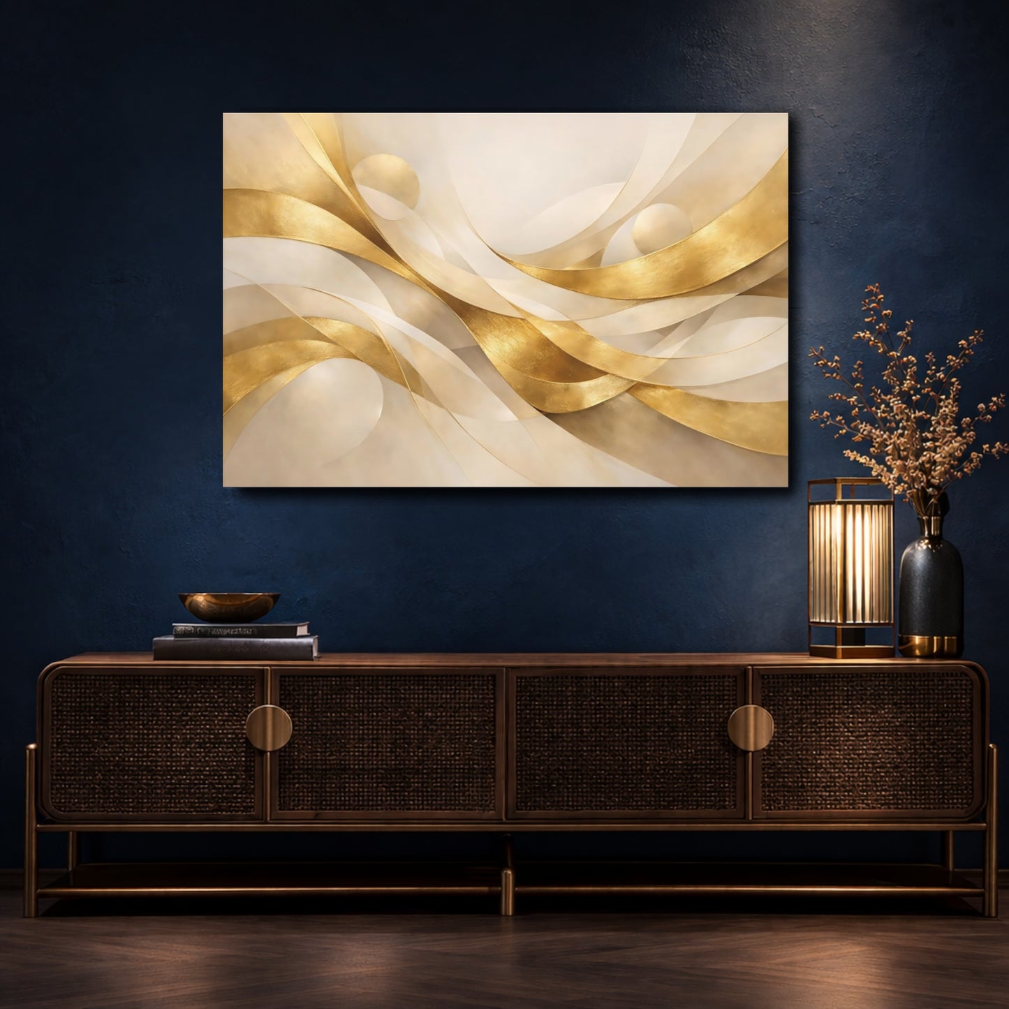 Mockup 4. Abstract Golden Waves Gold Abstract shown as stretched canvas wall art