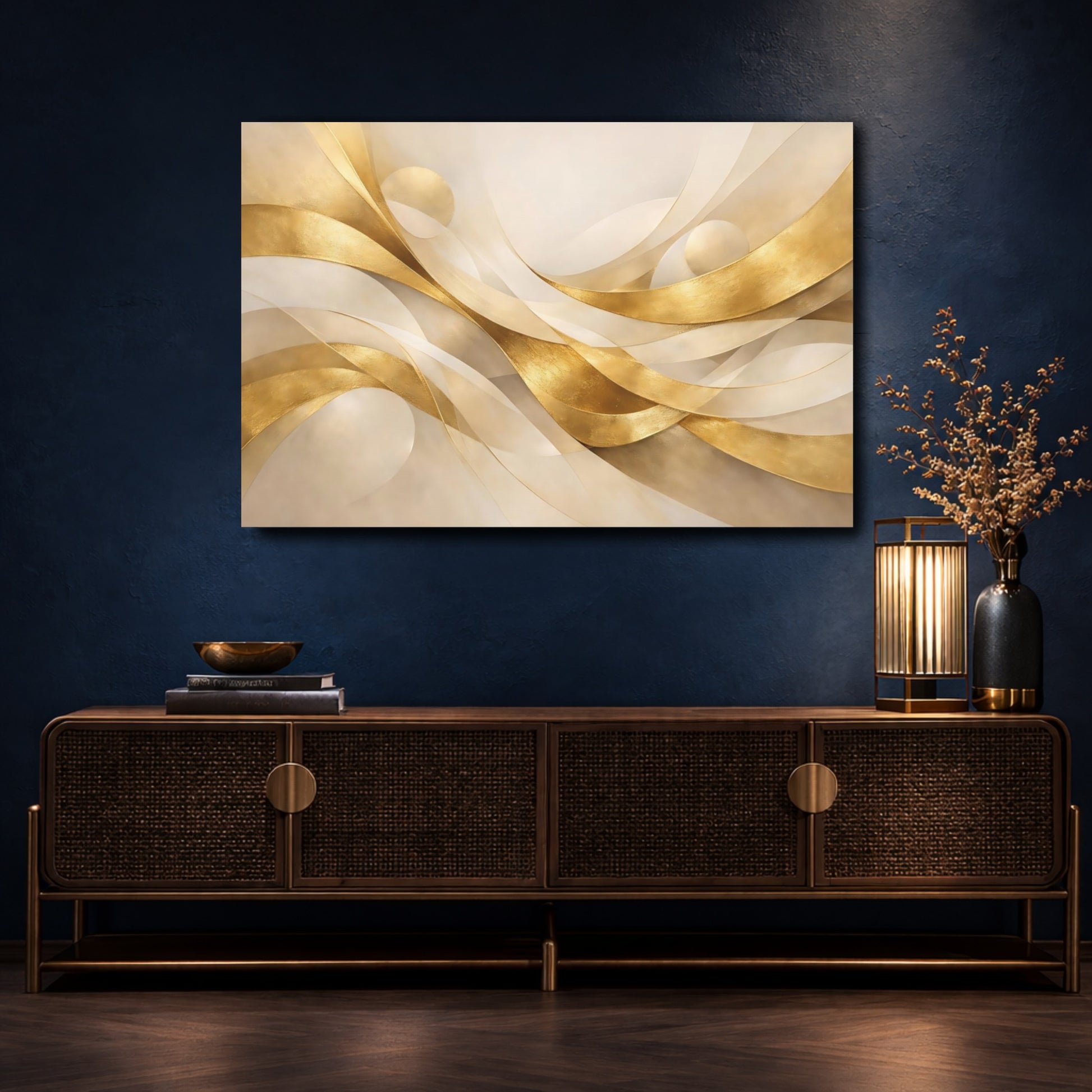 Mockup 4. Abstract Golden Waves Gold Abstract shown as stretched canvas wall art
