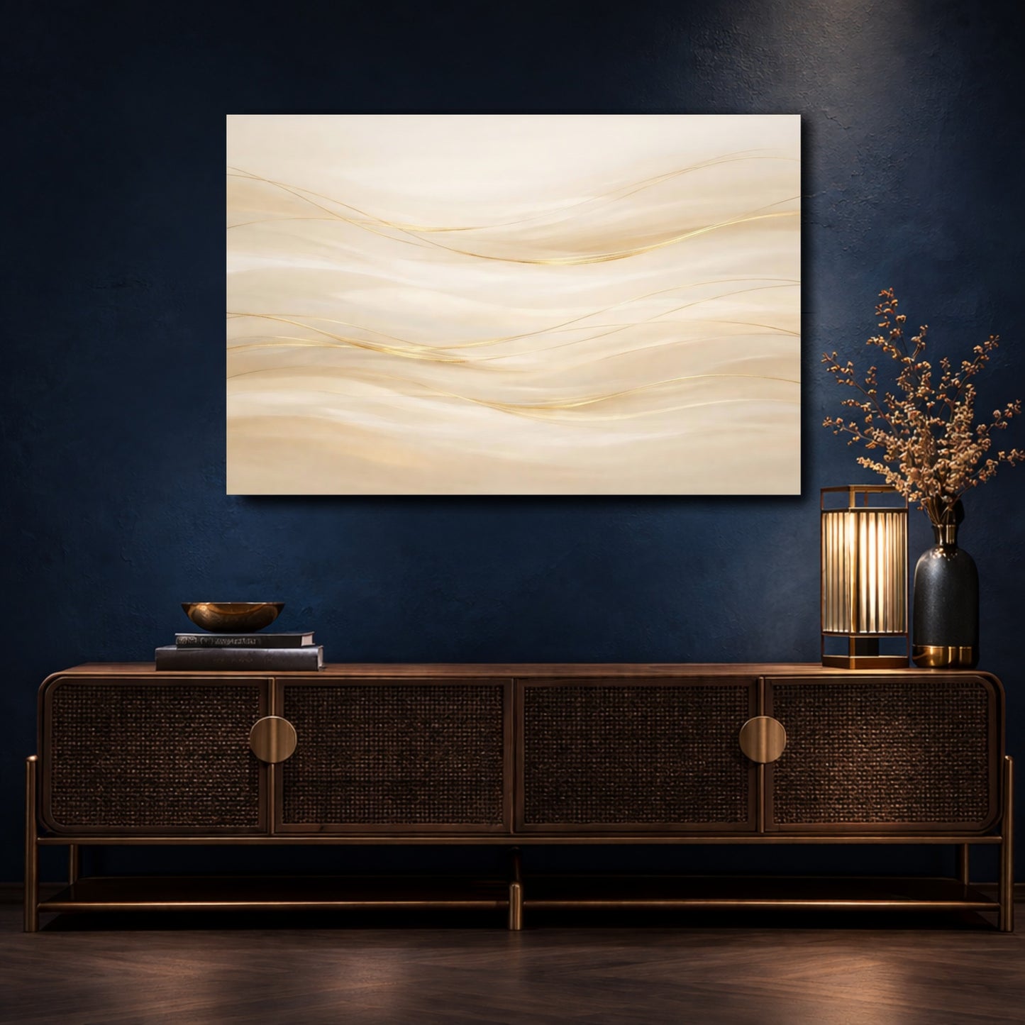 Mockup 4. Abstract Golden Waves Gold Abstract shown as stretched canvas wall art