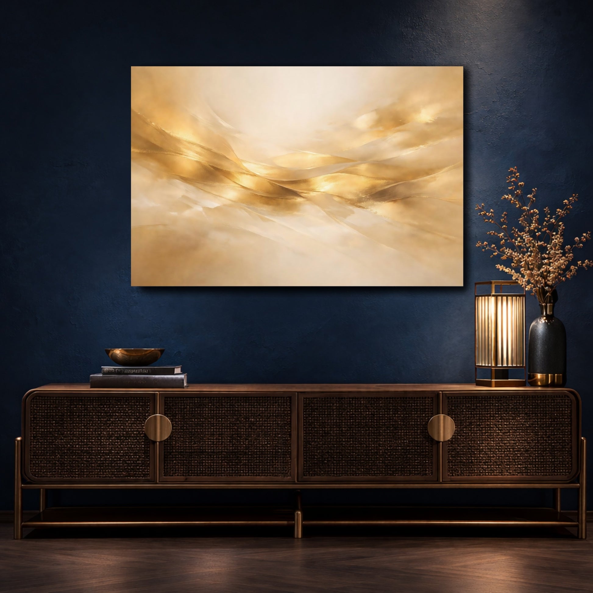 Mockup 4. Abstract Golden Waves Gold Abstract shown as stretched canvas wall art