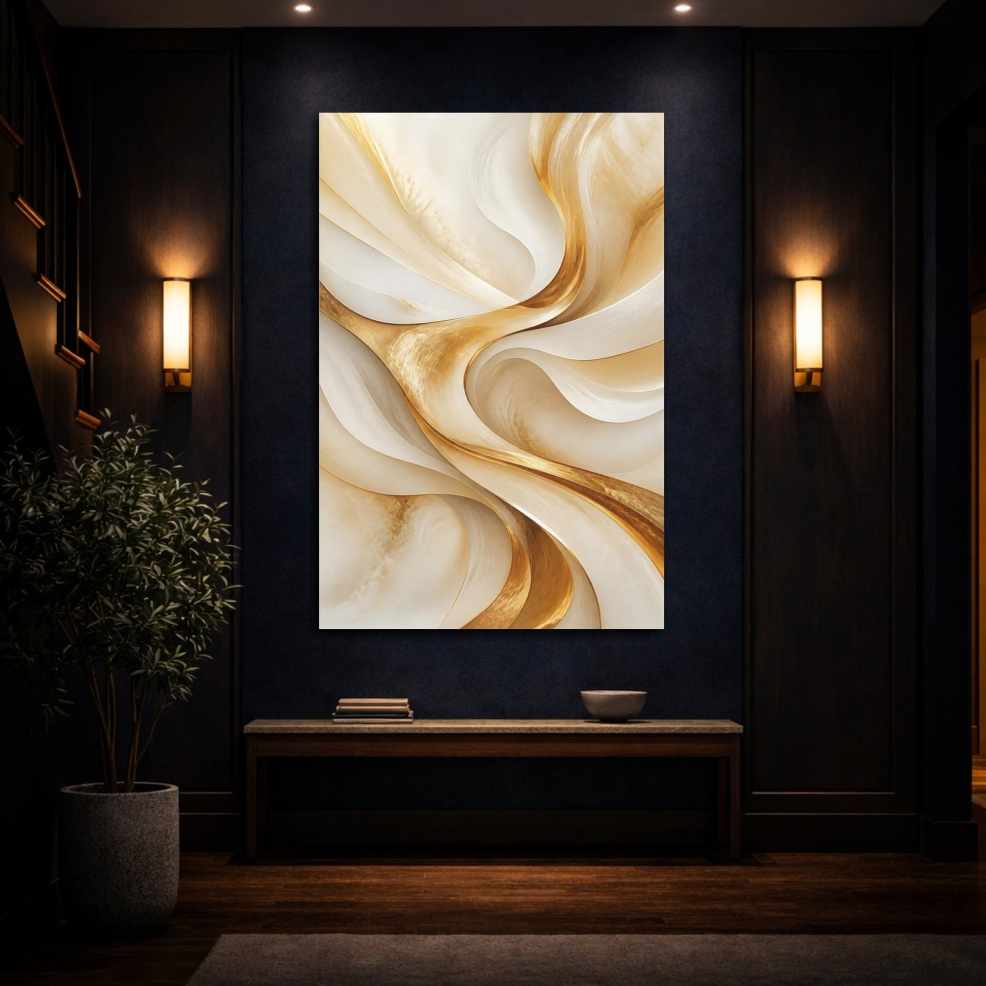 Abstract Golden Waves Gold And Cream Canvas Wall Art Print – Modern Living Room, Above Fireplace - YesArtYes