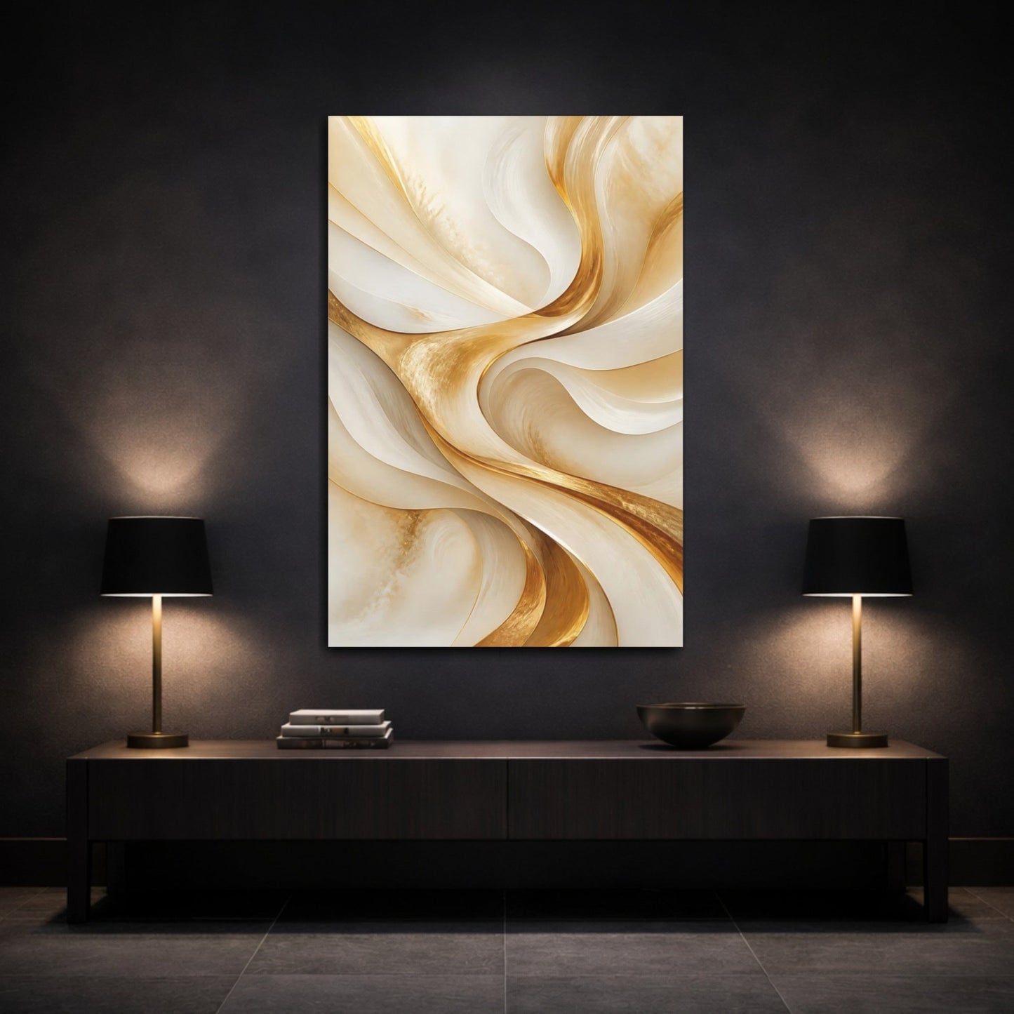 Abstract Golden Waves Gold And Cream Canvas Wall Art Print – Modern Living Room, Above Fireplace - YesArtYes