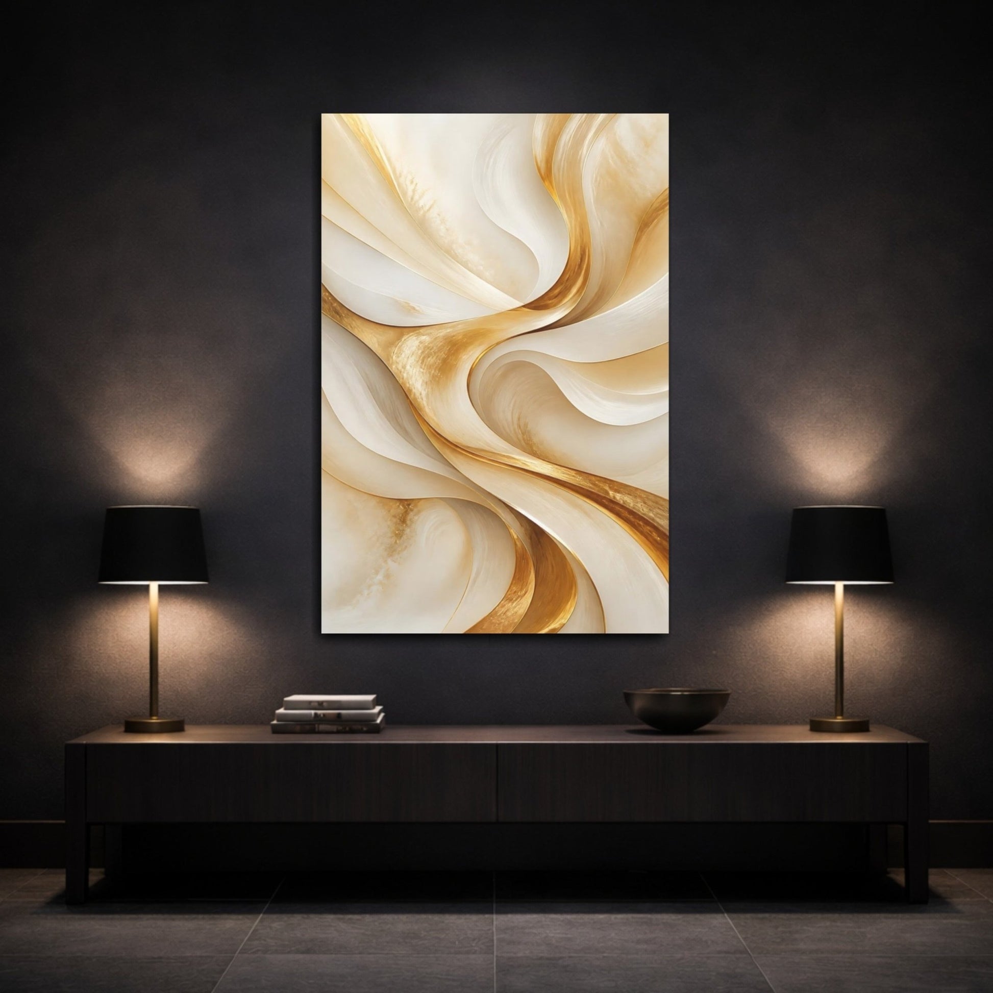 Abstract Golden Waves Gold And Cream Canvas Wall Art Print – Modern Living Room, Above Fireplace - YesArtYes