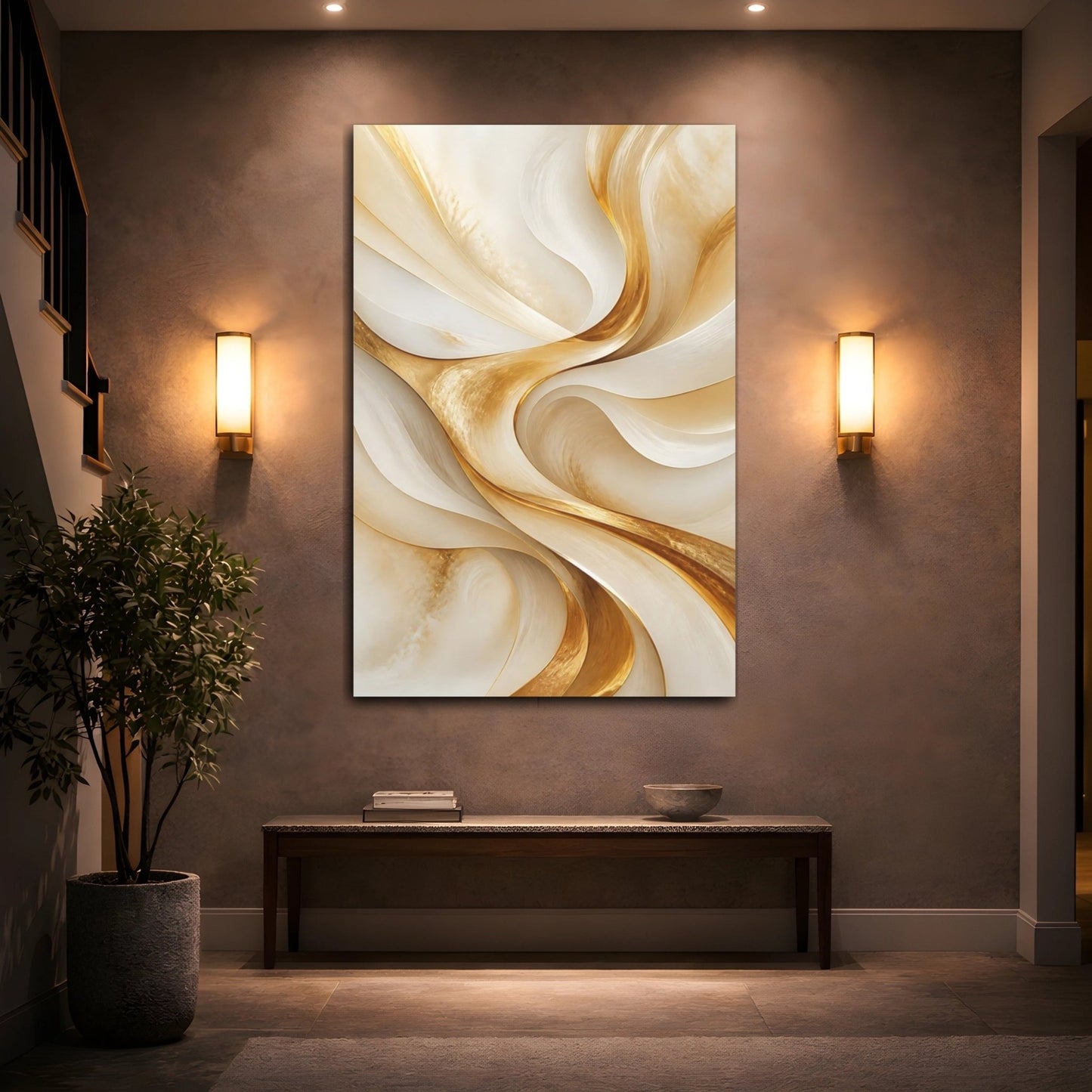 Abstract Golden Waves Gold And Cream Canvas Wall Art Print – Modern Living Room, Above Fireplace - YesArtYes