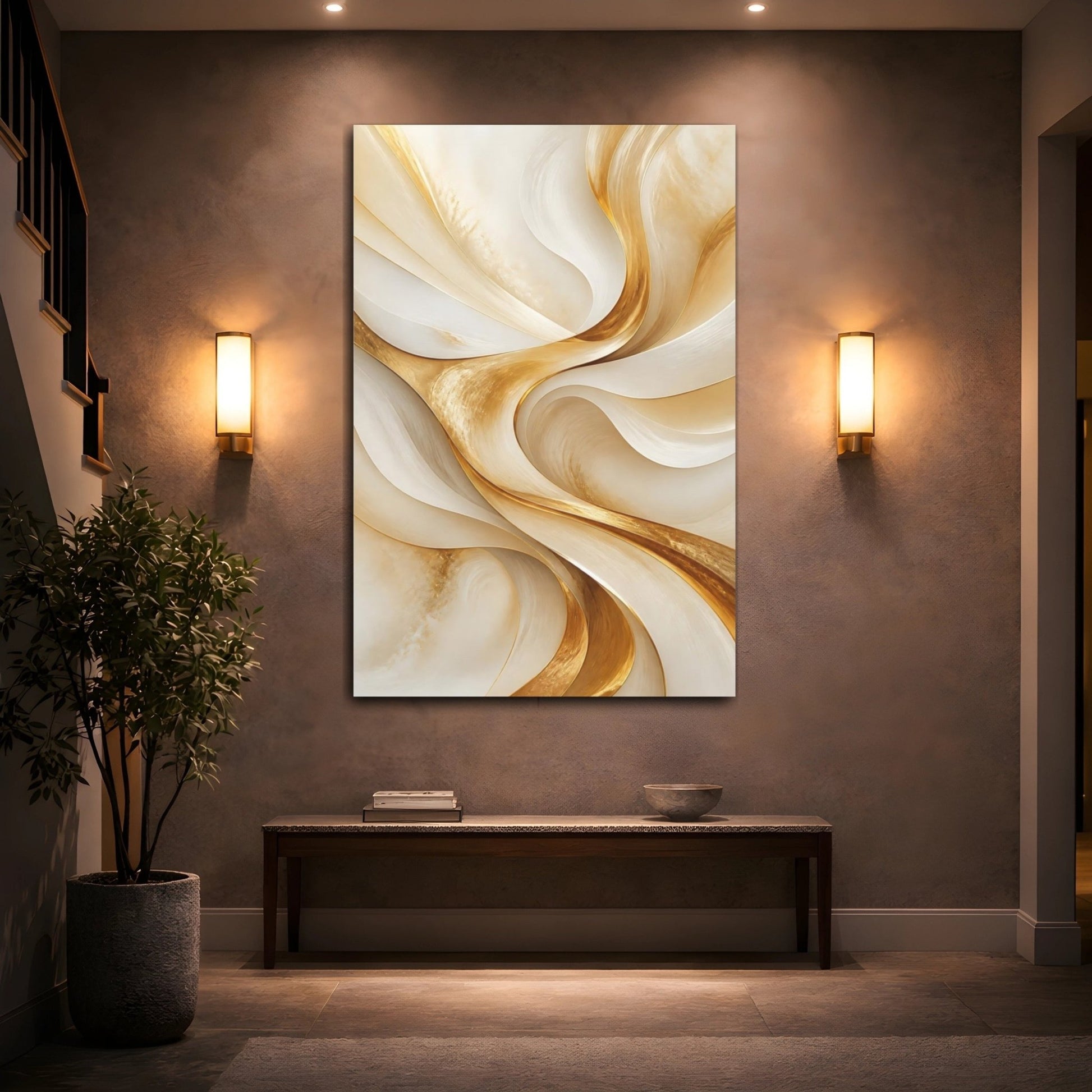 Abstract Golden Waves Gold And Cream Canvas Wall Art Print – Modern Living Room, Above Fireplace - YesArtYes