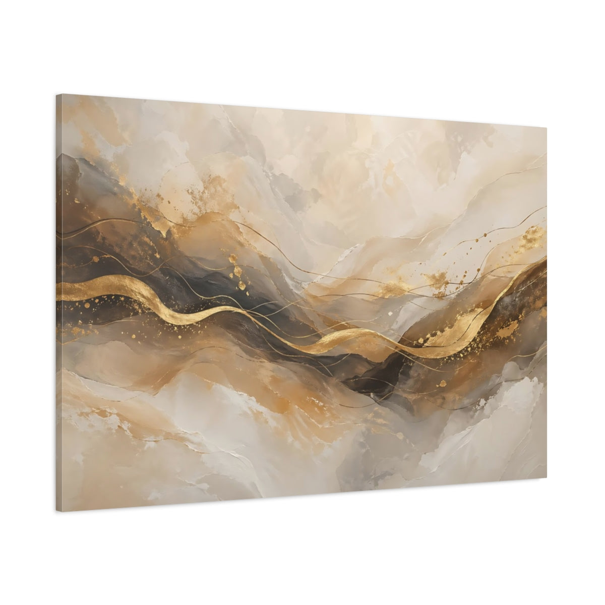 Side Mockup 1. Abstract Golden Waves Abstract Gold shown as stretched canvas wall art