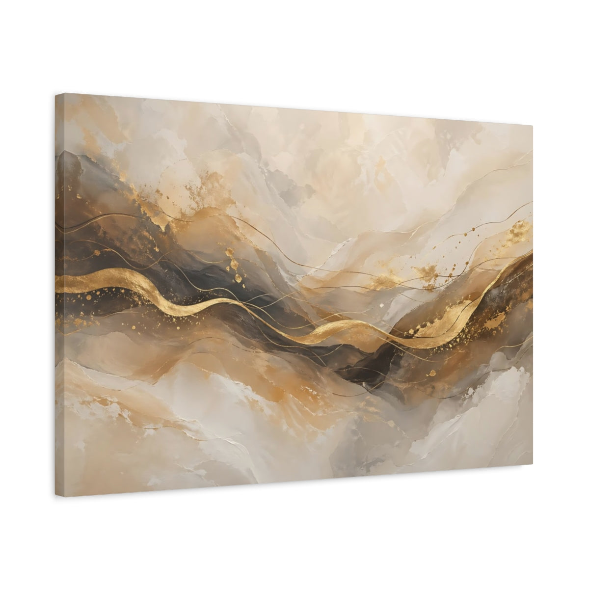 Side Mockup 2. Abstract Golden Waves Abstract Gold shown as stretched canvas wall art