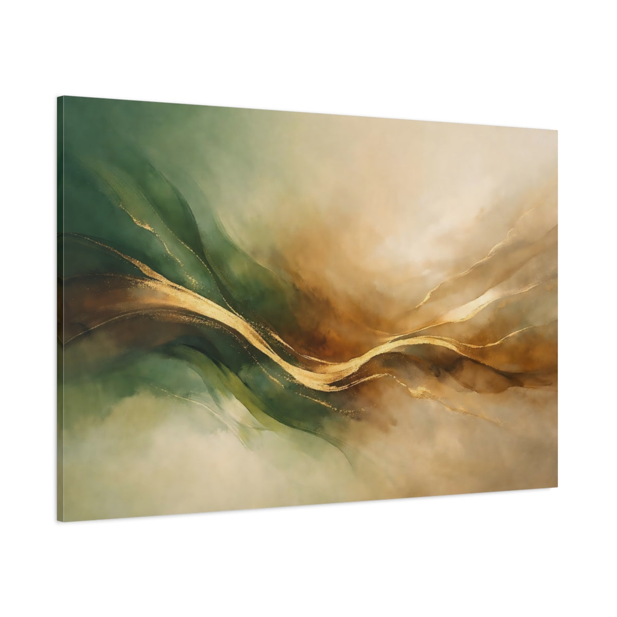 Main Mockup. Abstract Golden Waves Green Gold Abstract shown as stretched canvas wall art