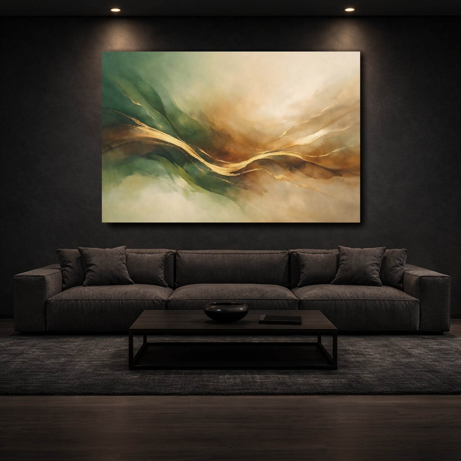 Mockup 2. Abstract Golden Waves Green Gold Abstract shown as stretched canvas wall art