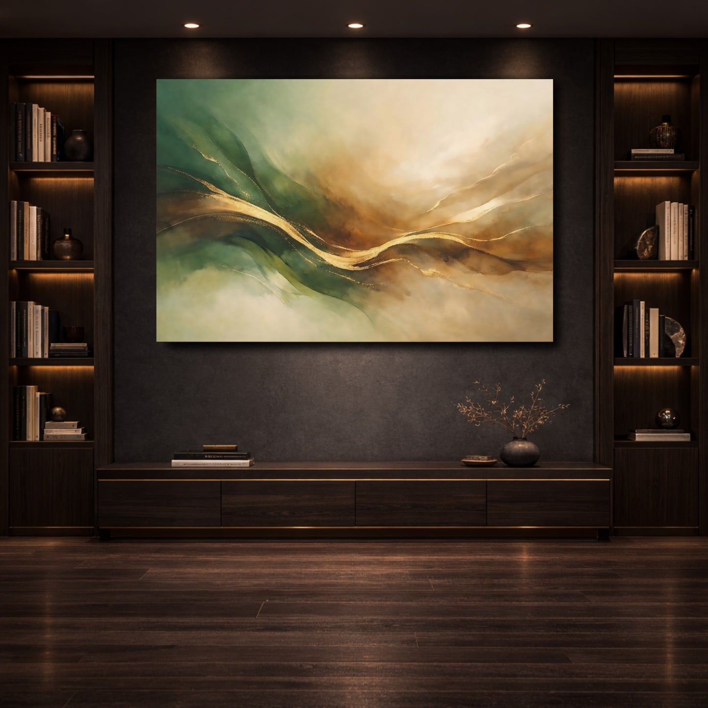 Mockup 3. Abstract Golden Waves Green Gold Abstract shown as stretched canvas wall art