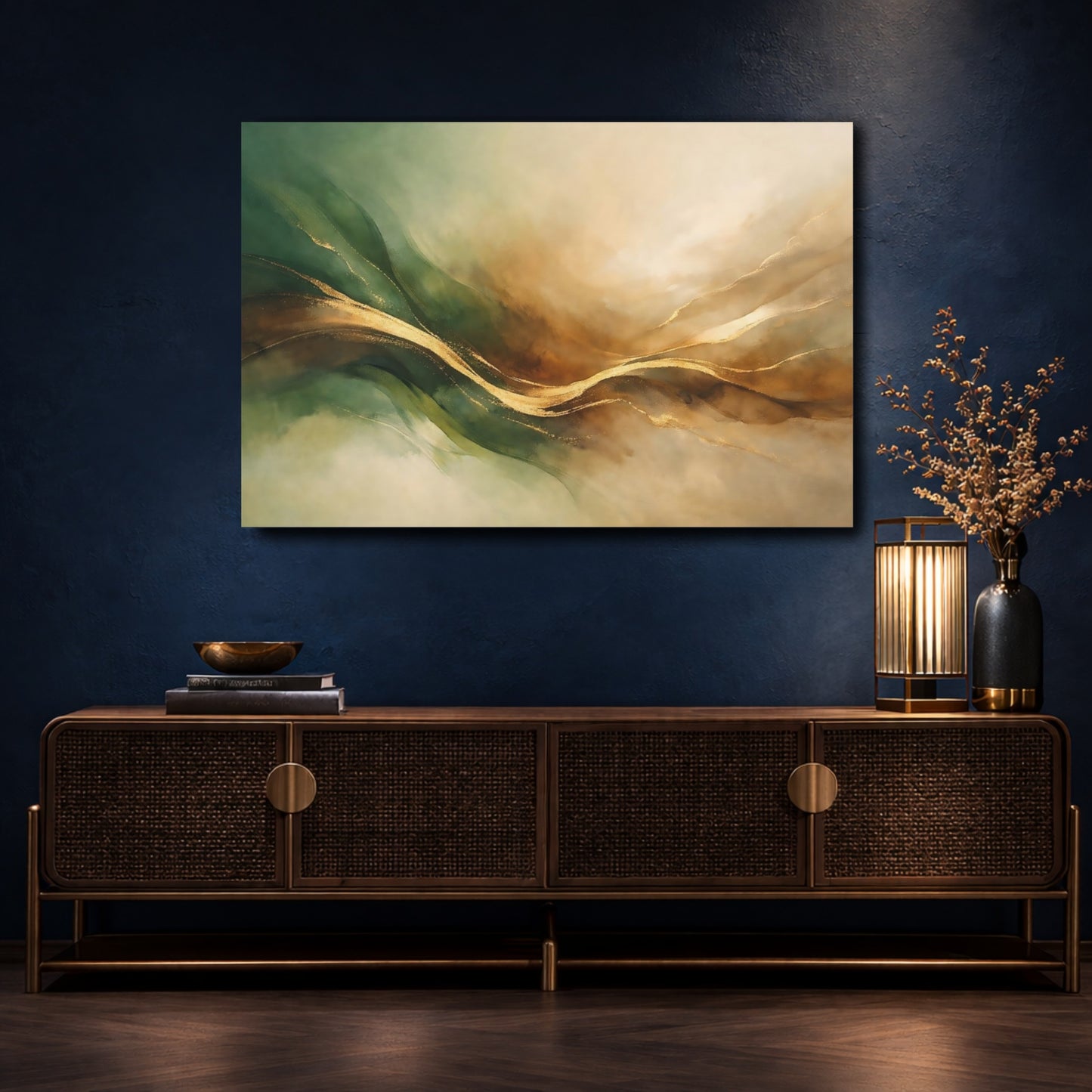 Mockup 4. Abstract Golden Waves Green Gold Abstract shown as stretched canvas wall art