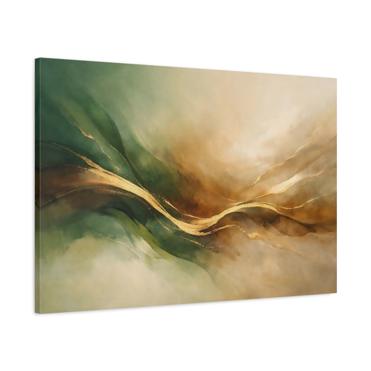 Side Mockup 1. Abstract Golden Waves Green Gold Abstract shown as stretched canvas wall art