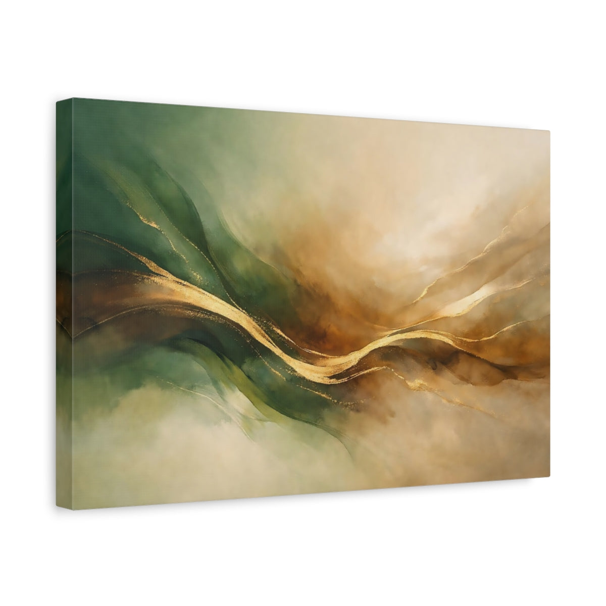 Side Mockup 4. Abstract Golden Waves Green Gold Abstract shown as stretched canvas wall art