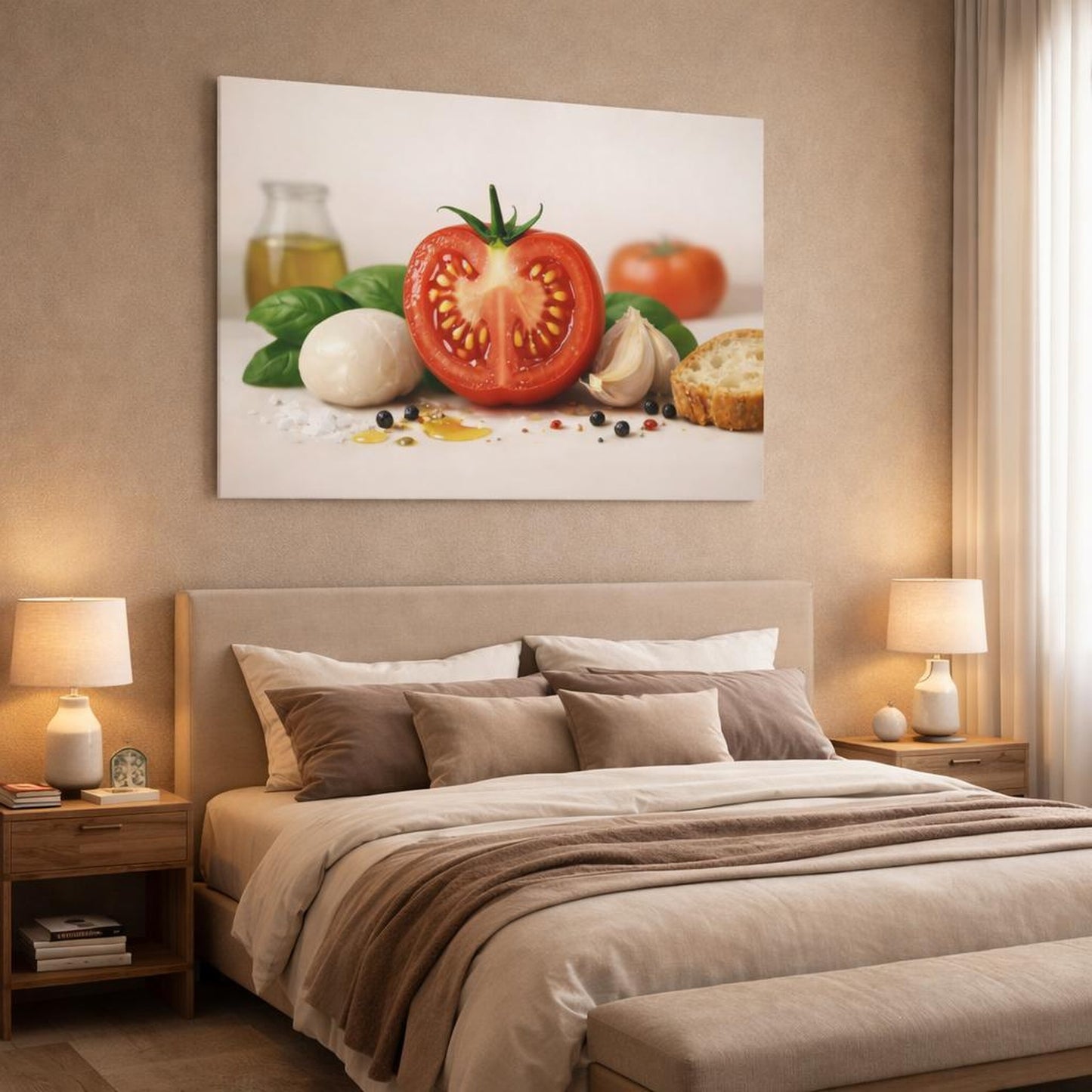 Abstract Good Food shown as canvas wall art in a luxury bedroom