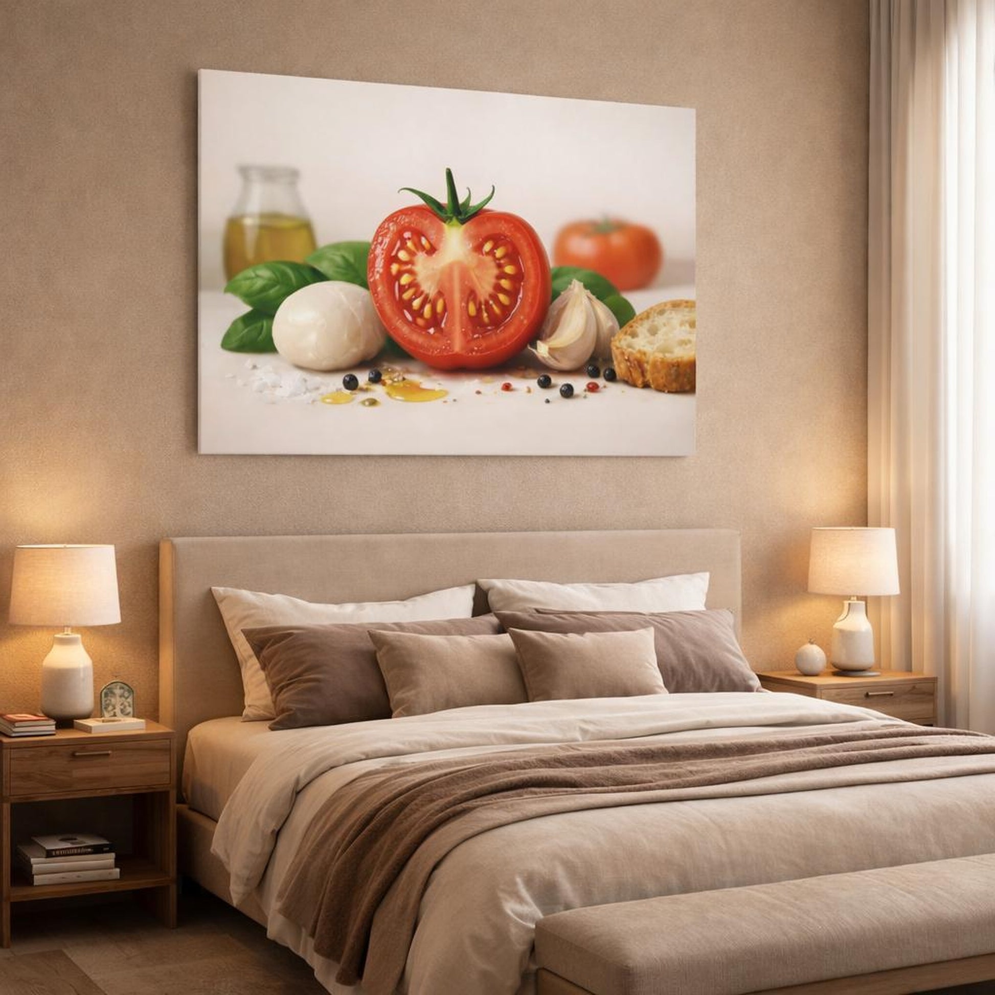Abstract Good Food shown as canvas wall art in a luxury bedroom