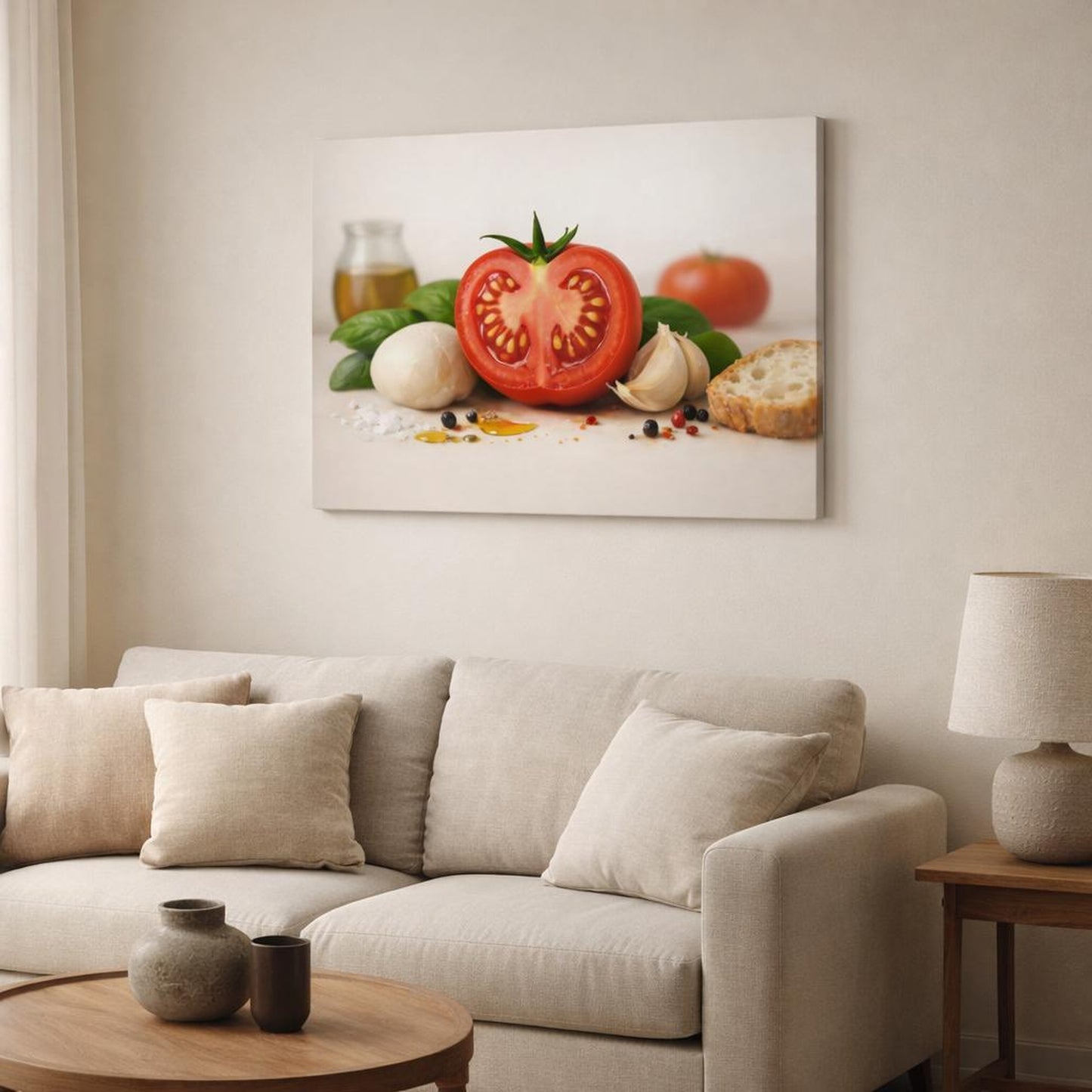 Abstract Good Food shown as canvas wall art in a modern living room