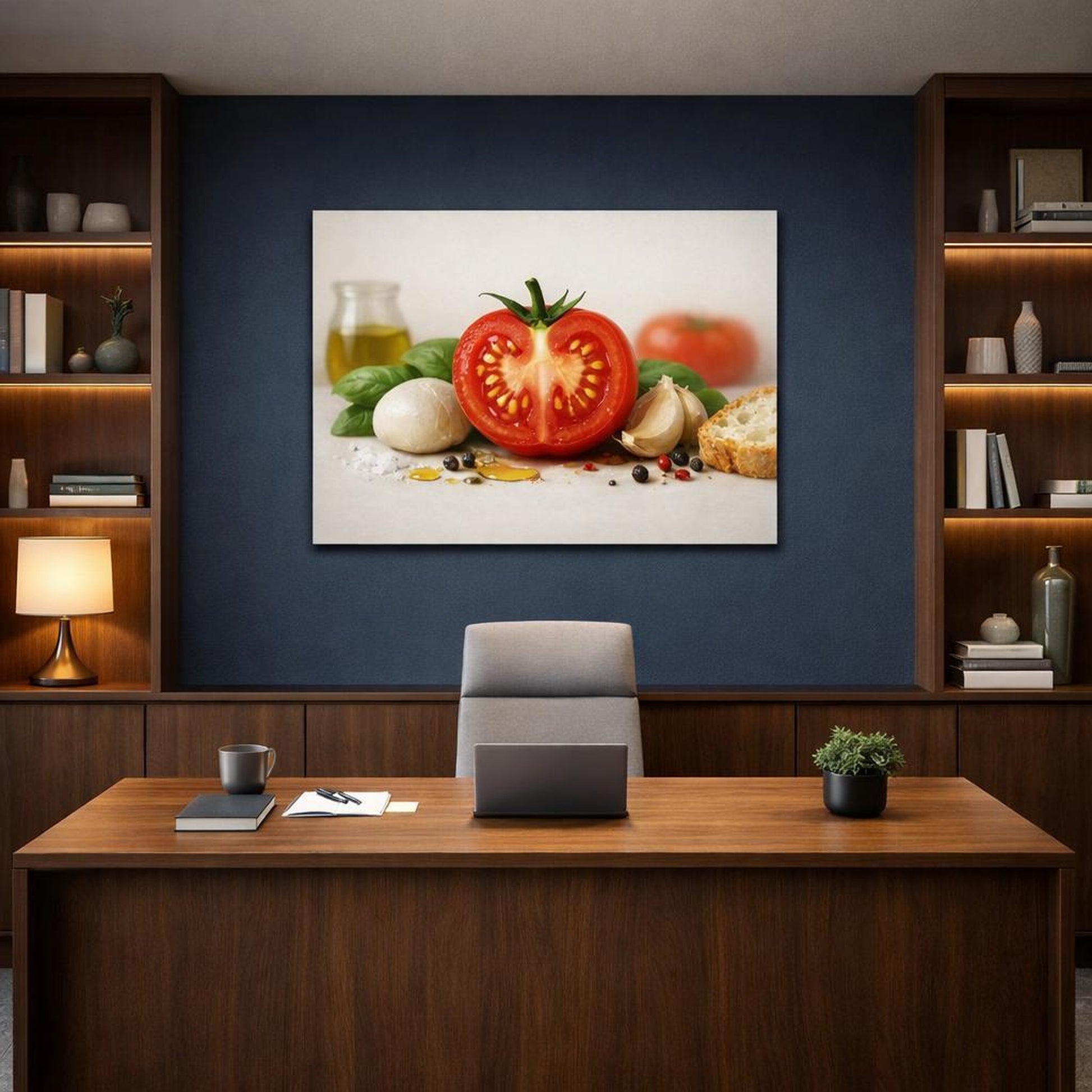 Abstract Good Food shown as canvas wall art in an elegant contemporary kitchen