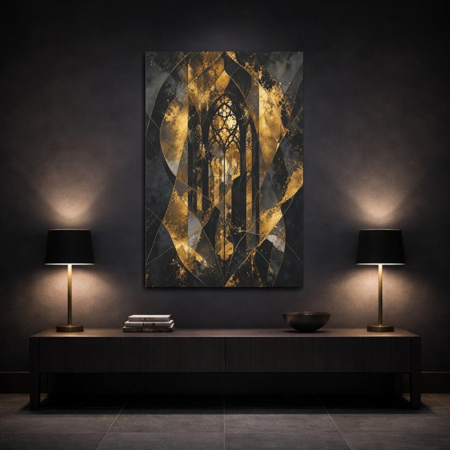 Abstract Gothic Window Gold And Black Canvas Print – Decor for Living Room, Large Wall - YesArtYes