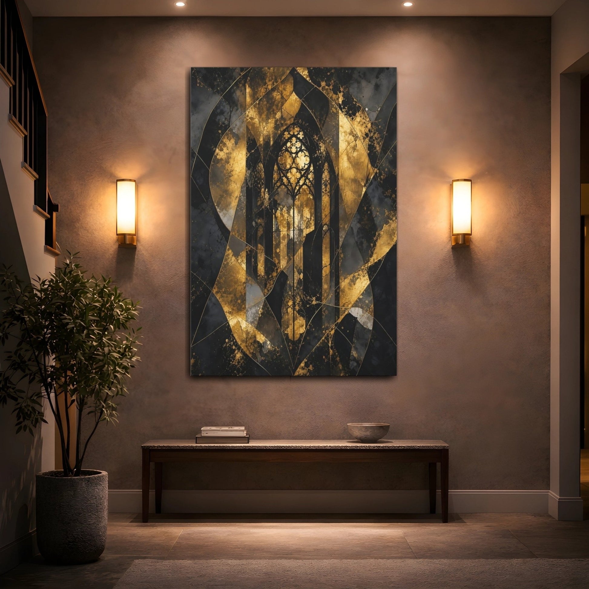 Abstract Gothic Window Gold And Black Canvas Print – Decor for Living Room, Large Wall - YesArtYes