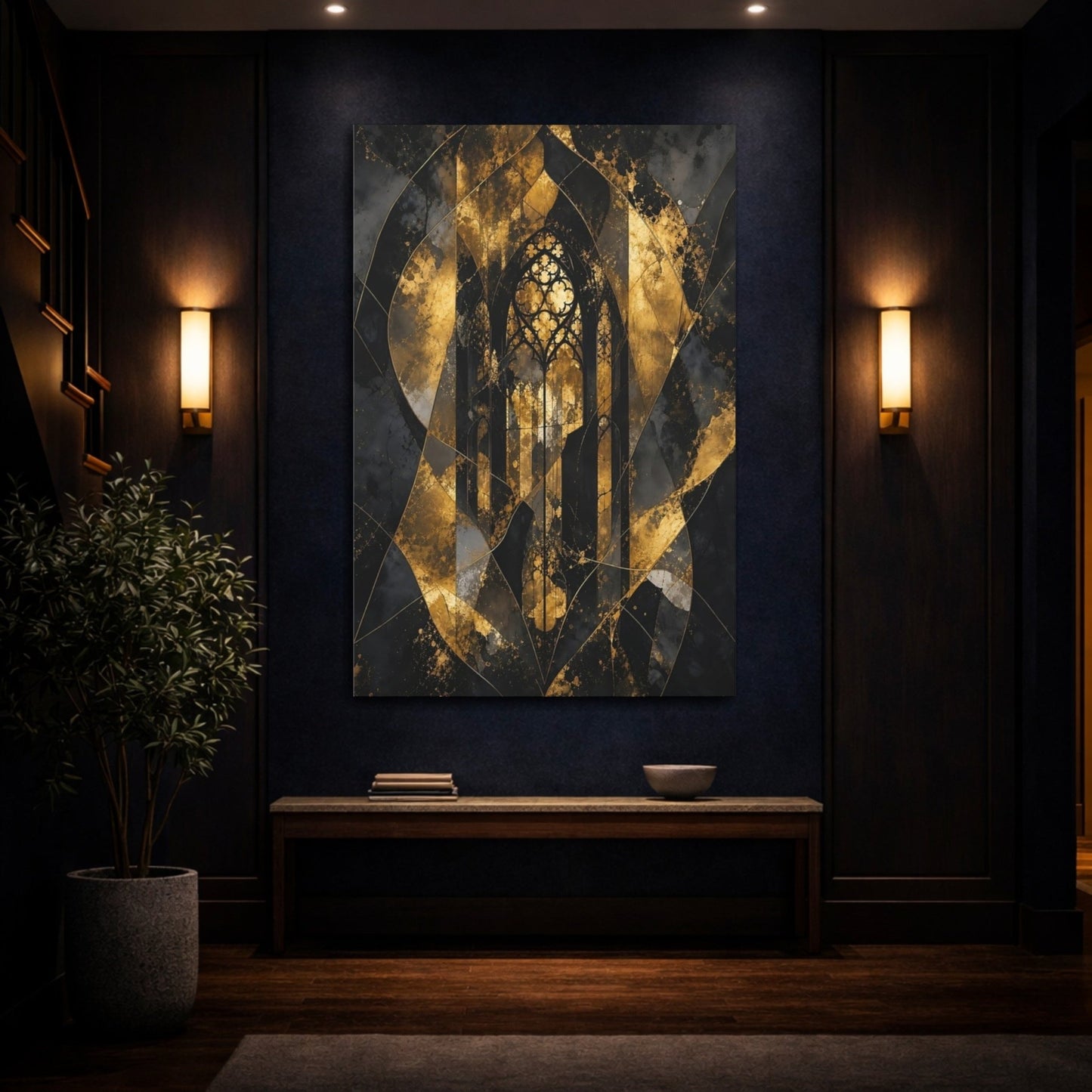 Abstract Gothic Window Gold And Black Canvas Print – Decor for Living Room, Large Wall - YesArtYes