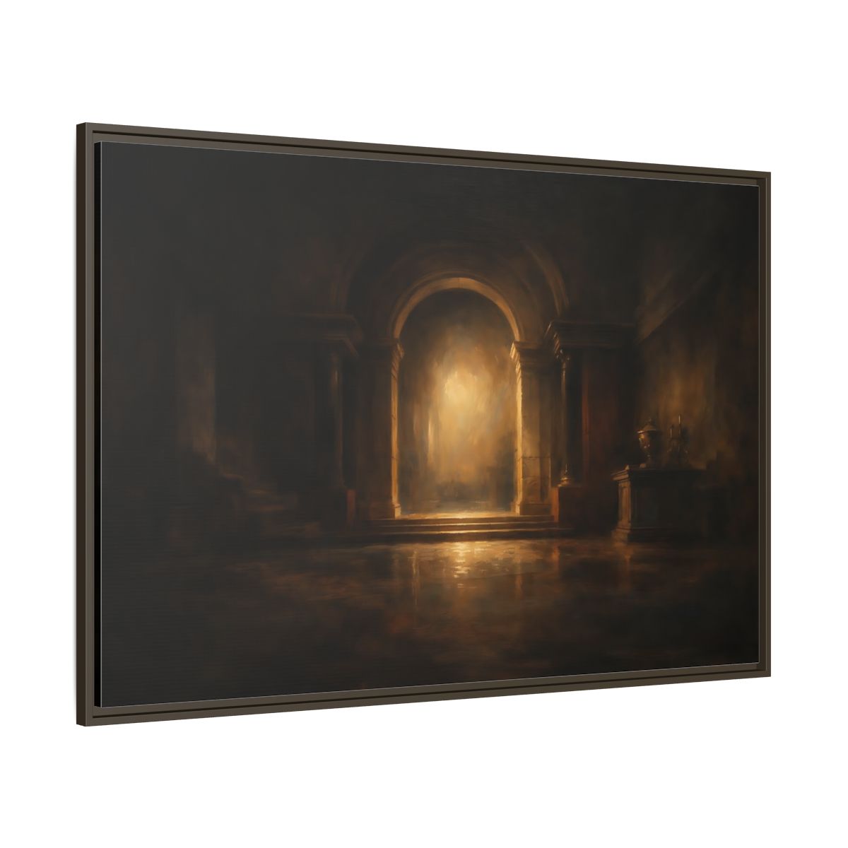 Main Mockup. Abstract Grand Archway Dark And Gold shown as stretched canvas wall art
