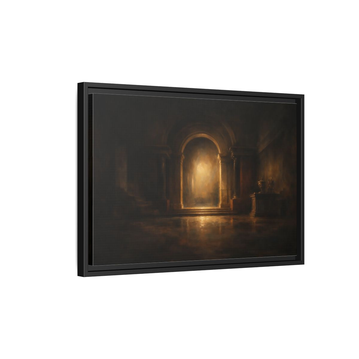 Side Mockup 3. Abstract Grand Archway Dark And Gold shown as stretched canvas wall art