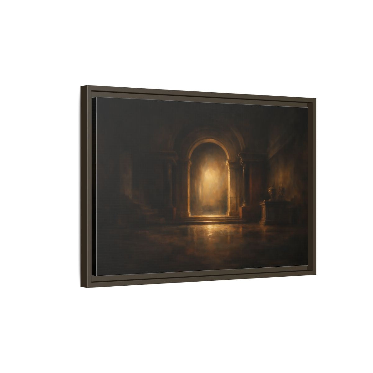 Side Mockup 2. Abstract Grand Archway Dark And Gold shown as stretched canvas wall art