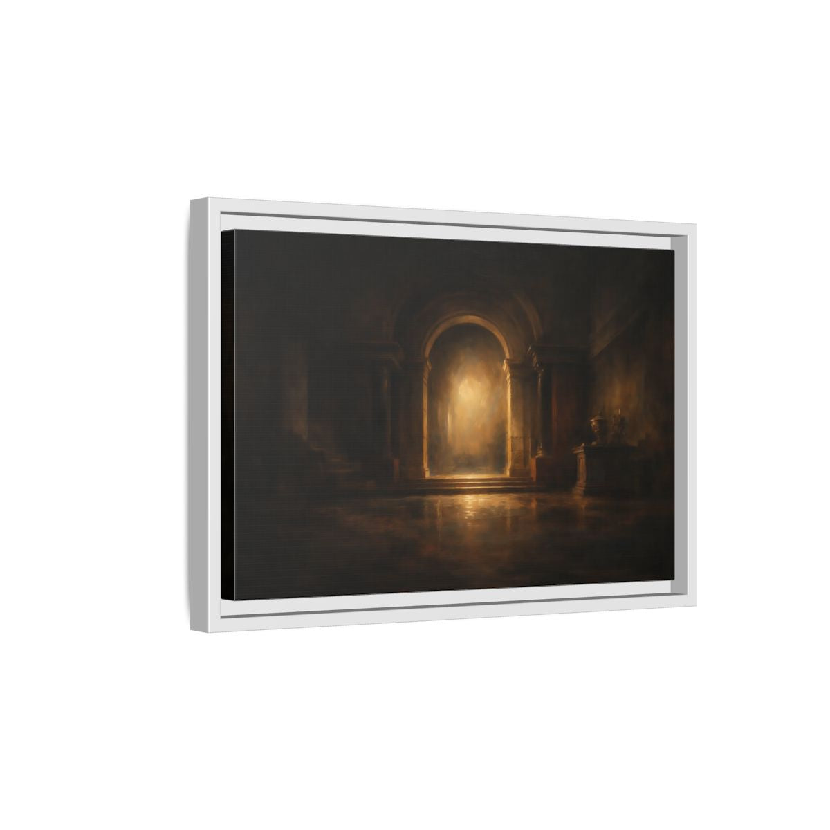 Side Mockup 4. Abstract Grand Archway Dark And Gold shown as stretched canvas wall art
