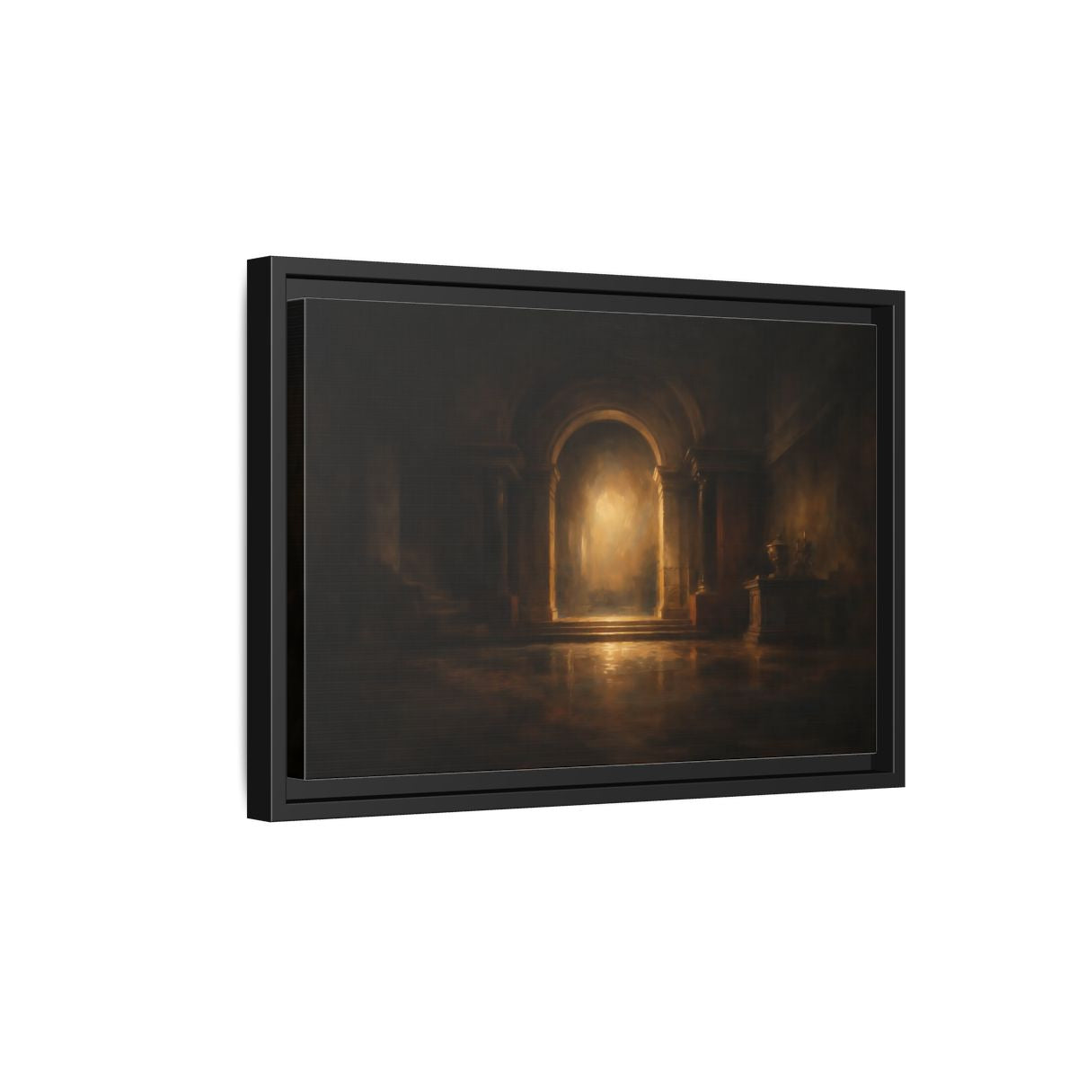 Side Mockup 6. Abstract Grand Archway Dark And Gold shown as stretched canvas wall art