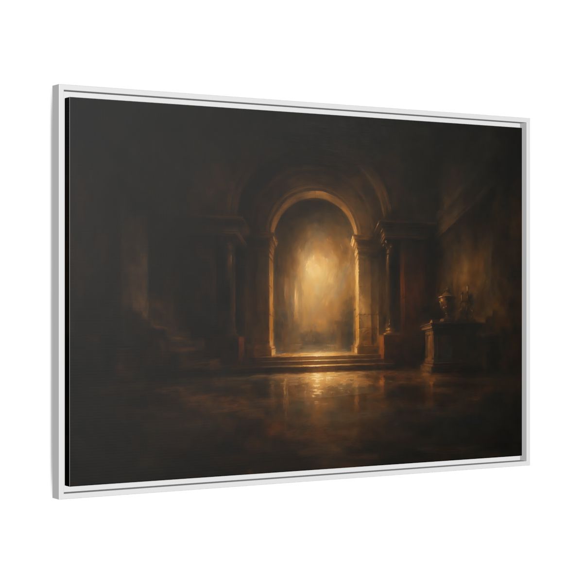 Side Mockup 7. Abstract Grand Archway Dark And Gold shown as stretched canvas wall art