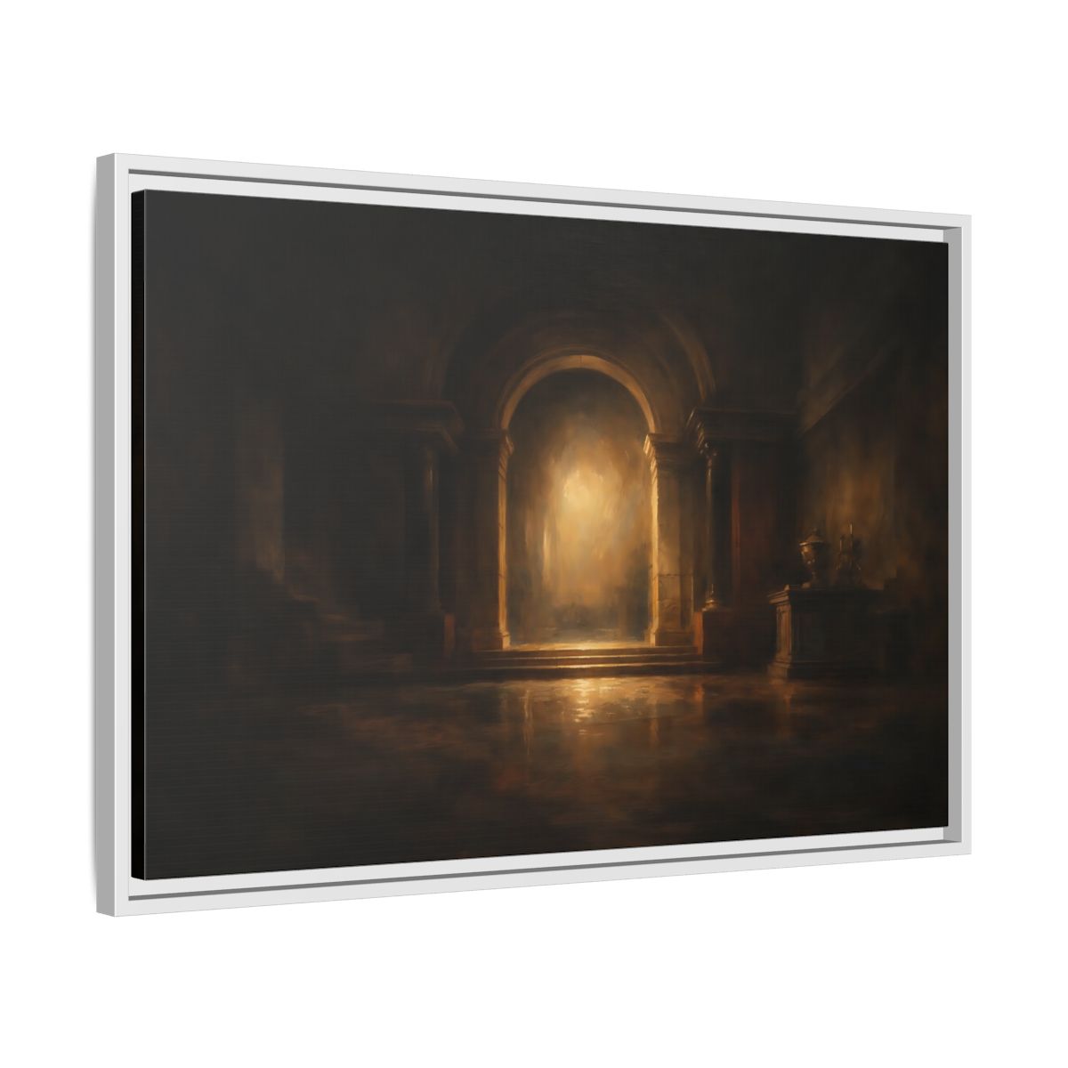 Side Mockup 10. Abstract Grand Archway Dark And Gold shown as stretched canvas wall art