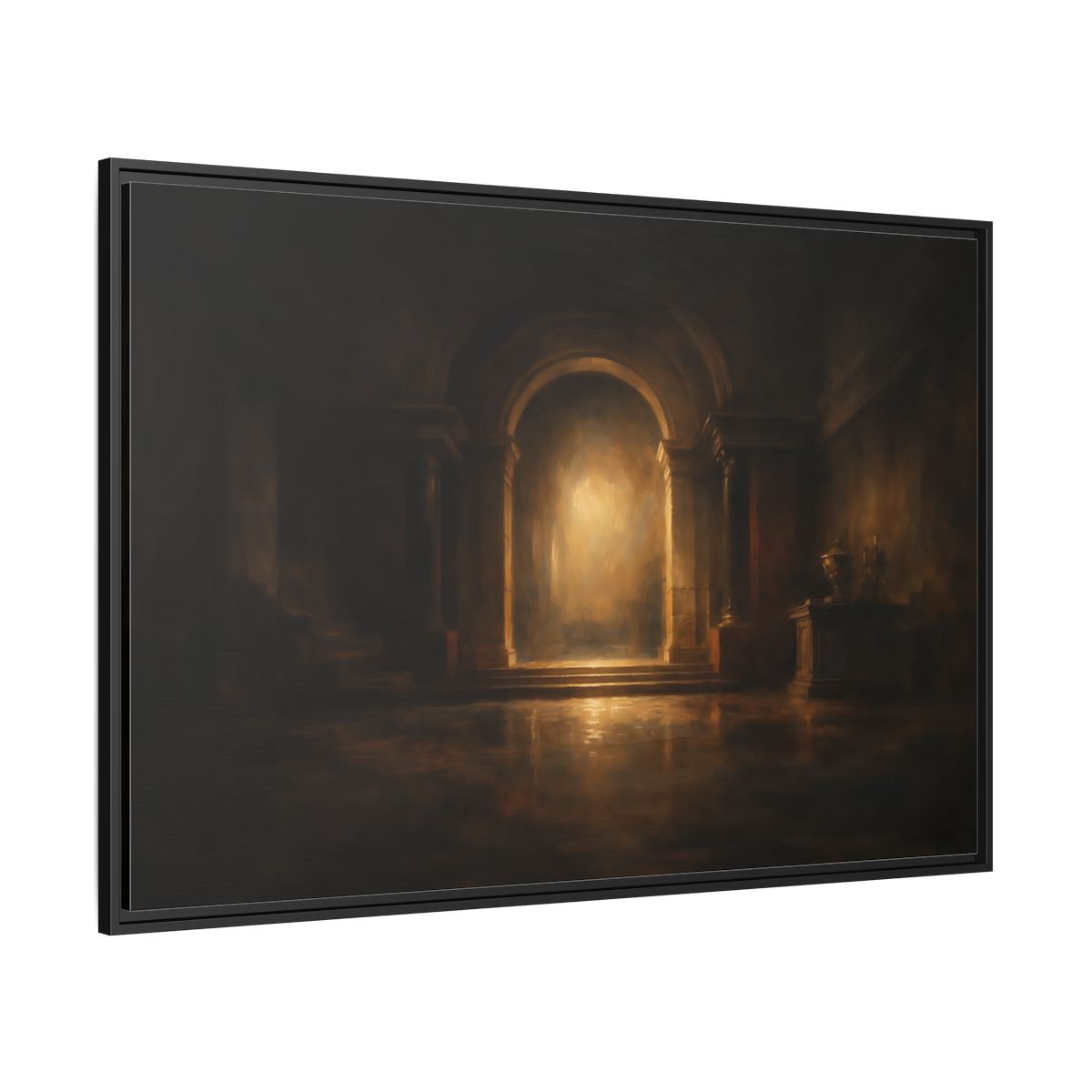 Side Mockup 12. Abstract Grand Archway Dark And Gold shown as stretched canvas wall art