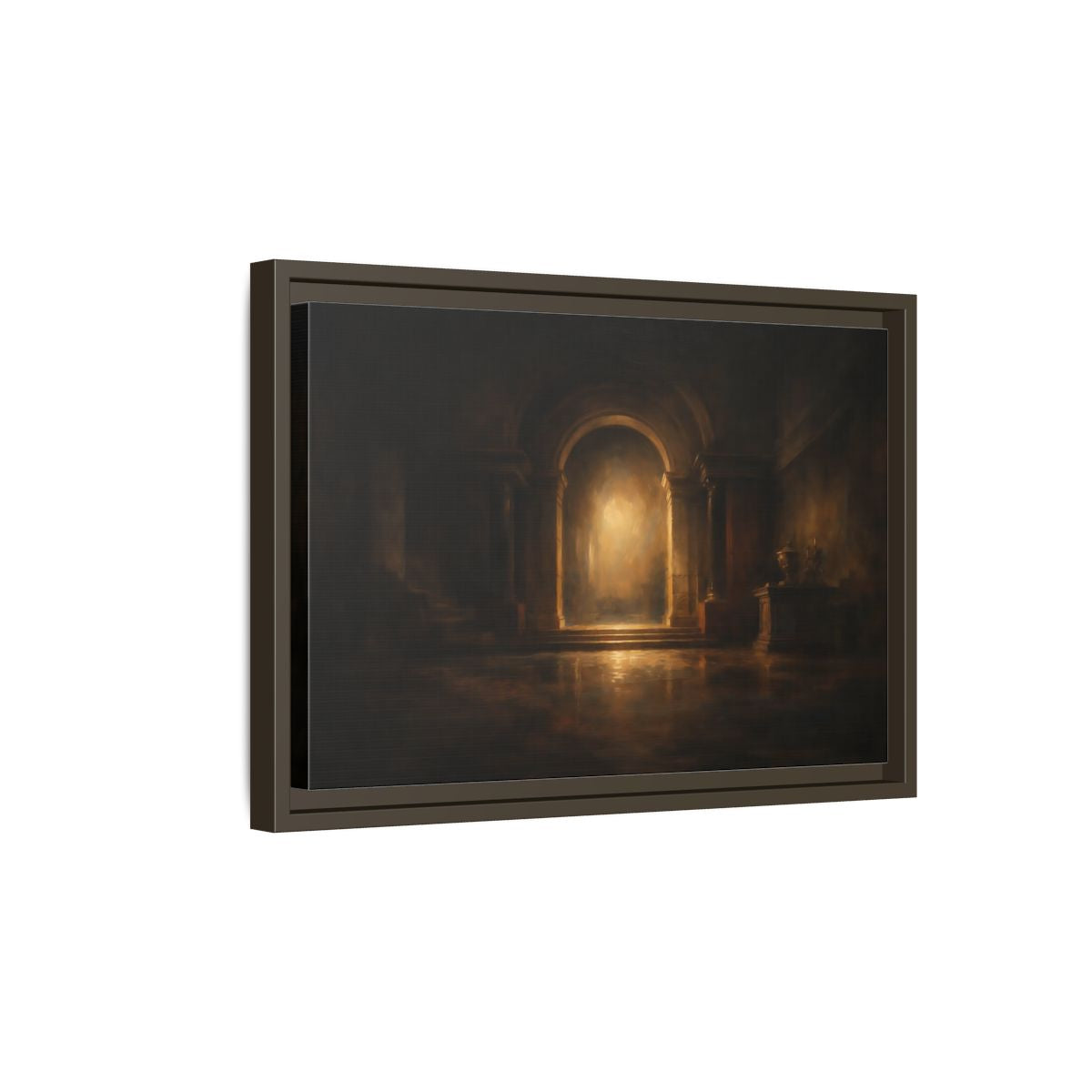Side Mockup 5. Abstract Grand Archway Dark And Gold shown as stretched canvas wall art