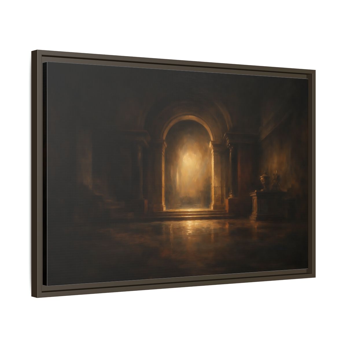 Side Mockup 11. Abstract Grand Archway Dark And Gold shown as stretched canvas wall art