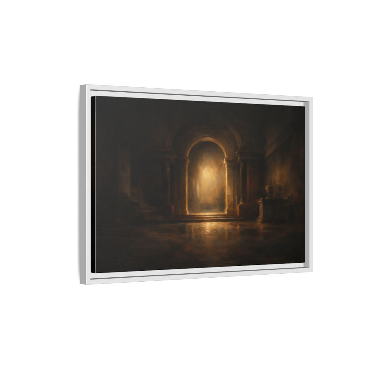 Side Mockup 1. Abstract Grand Archway Dark And Gold shown as stretched canvas wall art