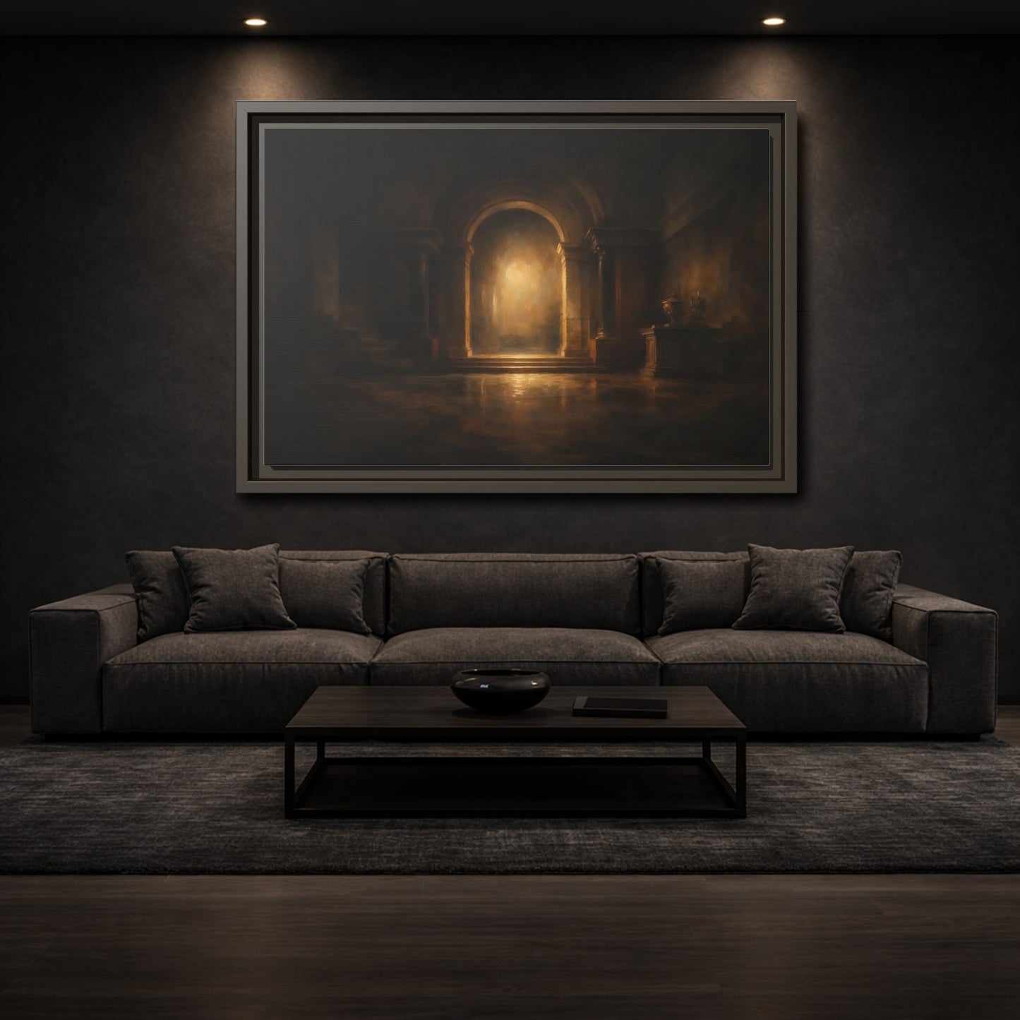 Mockup 2. Abstract Grand Archway Dark And Gold shown as stretched canvas wall art