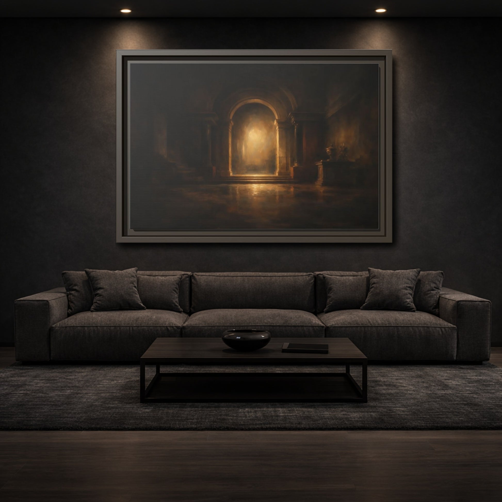 Mockup 2. Abstract Grand Archway Dark And Gold shown as stretched canvas wall art