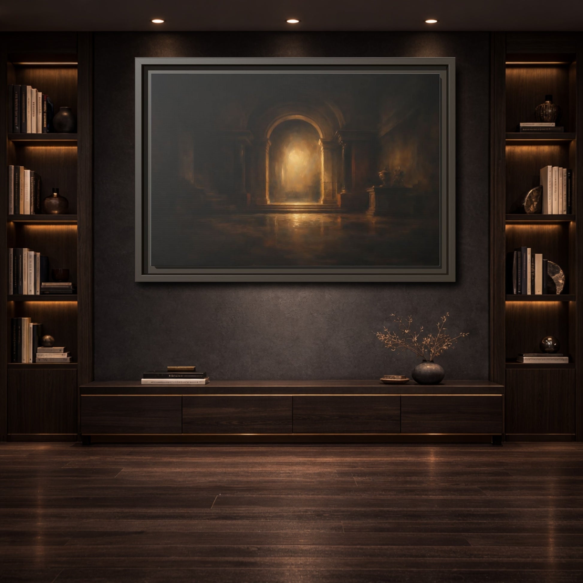Mockup 3. Abstract Grand Archway Dark And Gold shown as stretched canvas wall art