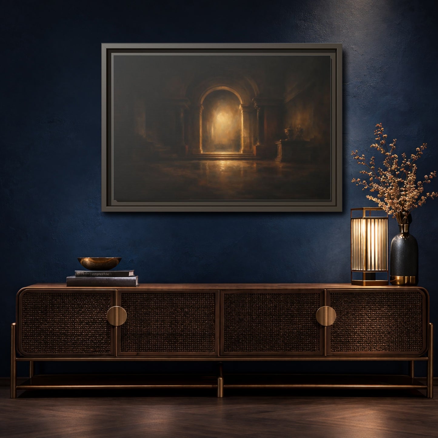 Mockup 4. Abstract Grand Archway Dark And Gold shown as stretched canvas wall art