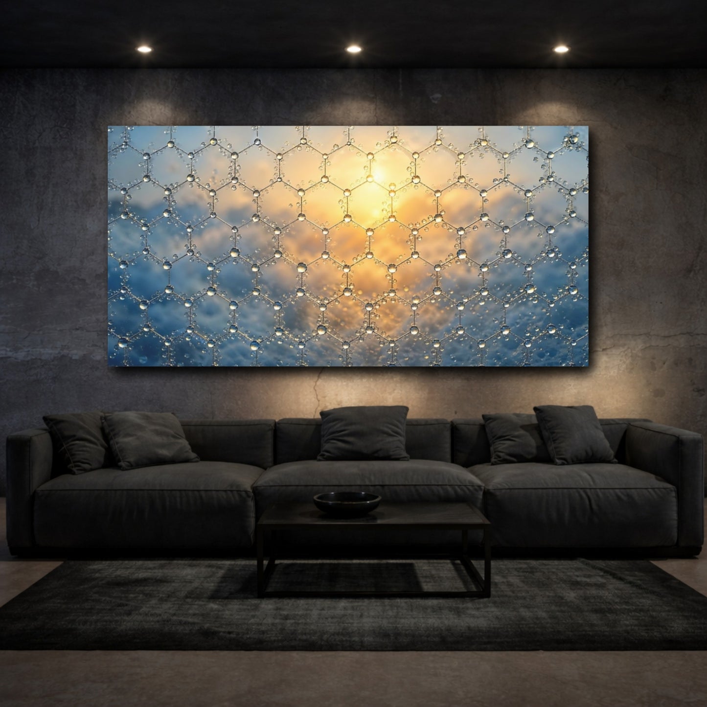Mockup 2. Abstract Graphene Structure Blue Gold Abstract shown as stretched canvas wall art