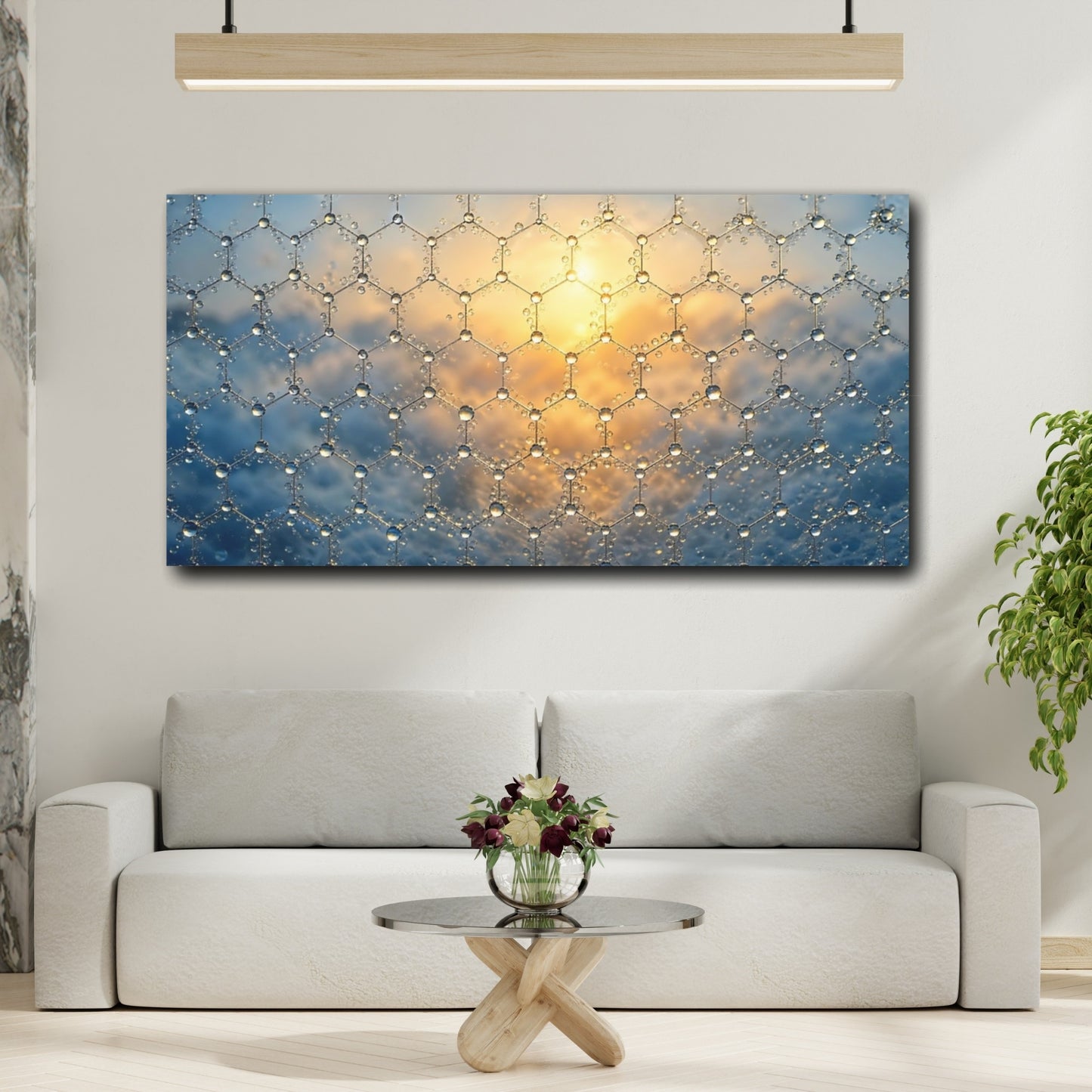Mockup 3. Abstract Graphene Structure Blue Gold Abstract shown as stretched canvas wall art