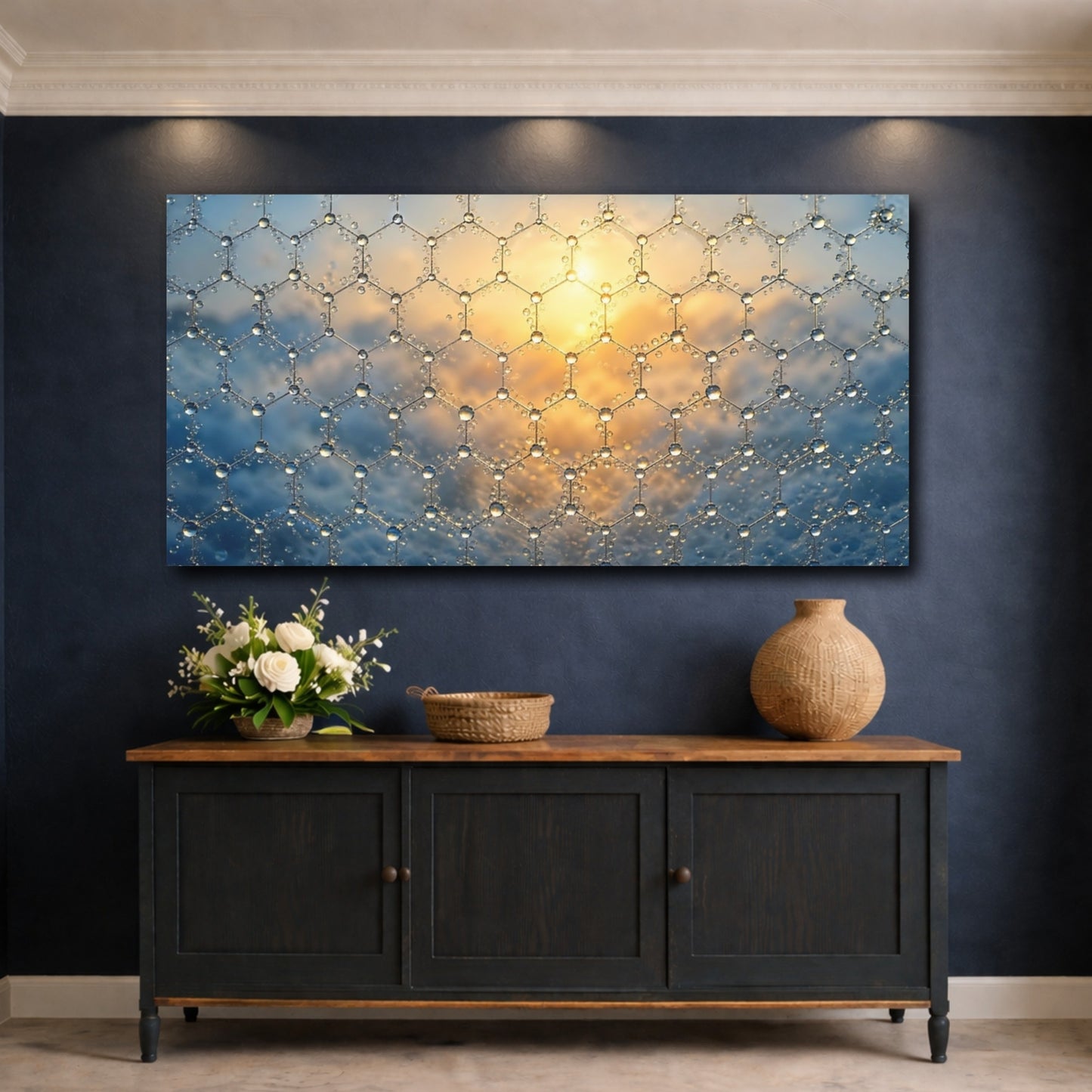 Mockup 4. Abstract Graphene Structure Blue Gold Abstract shown as stretched canvas wall art