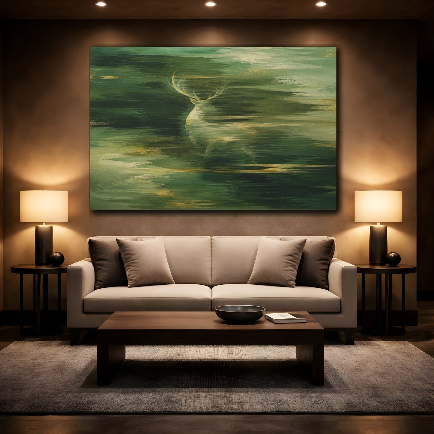Mockup 2. Abstract Green Stag shown as canvas print