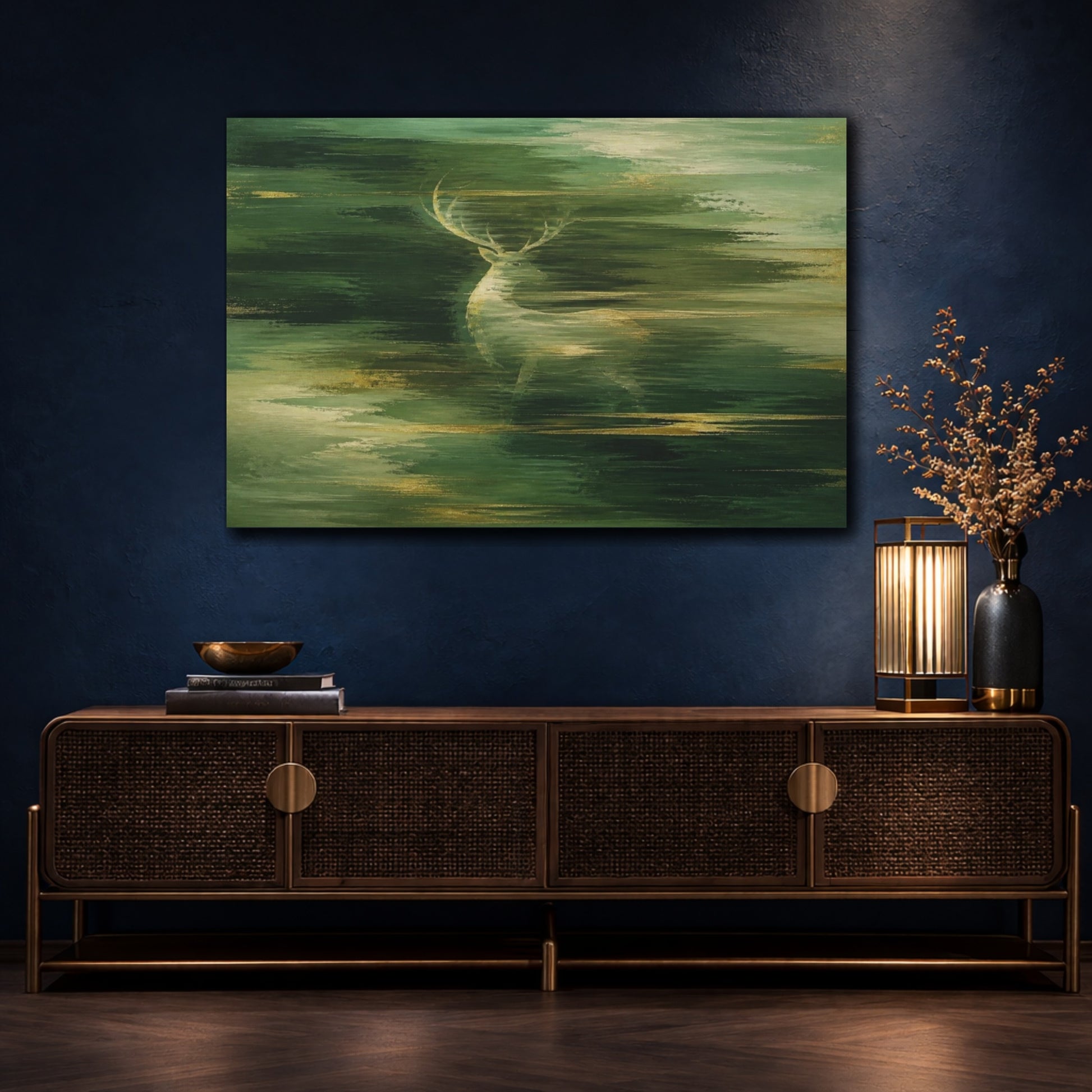 Mockup 4. Abstract Green Stag shown as canvas print