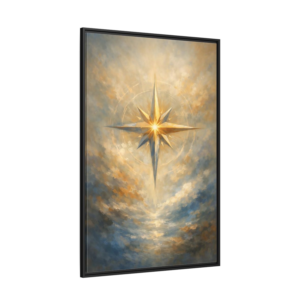 Main Mockup. Abstract Guiding Star Abstract Star Gold shown as stretched canvas wall art