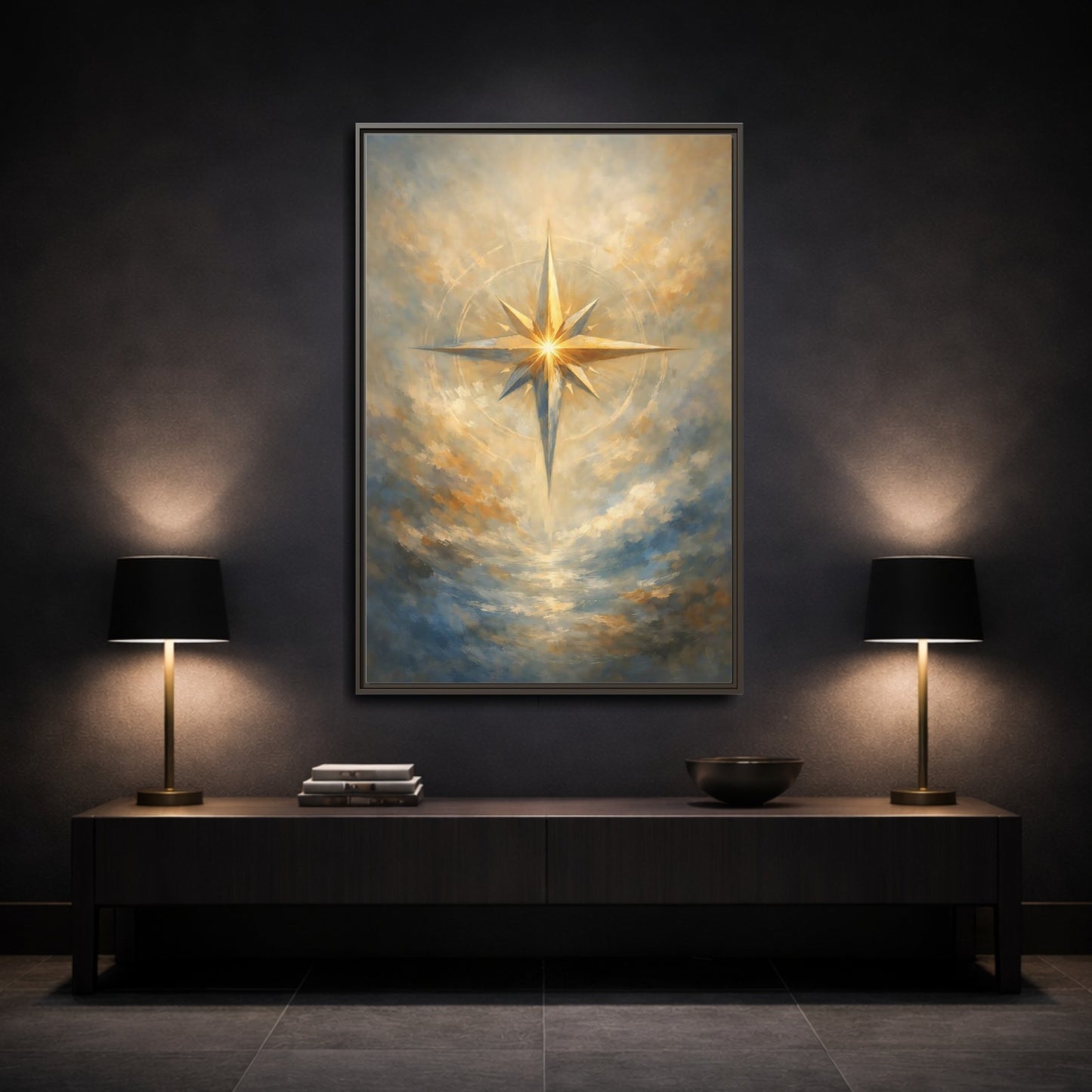 Mockup 2. Abstract Guiding Star Abstract Star Gold shown as stretched canvas wall art