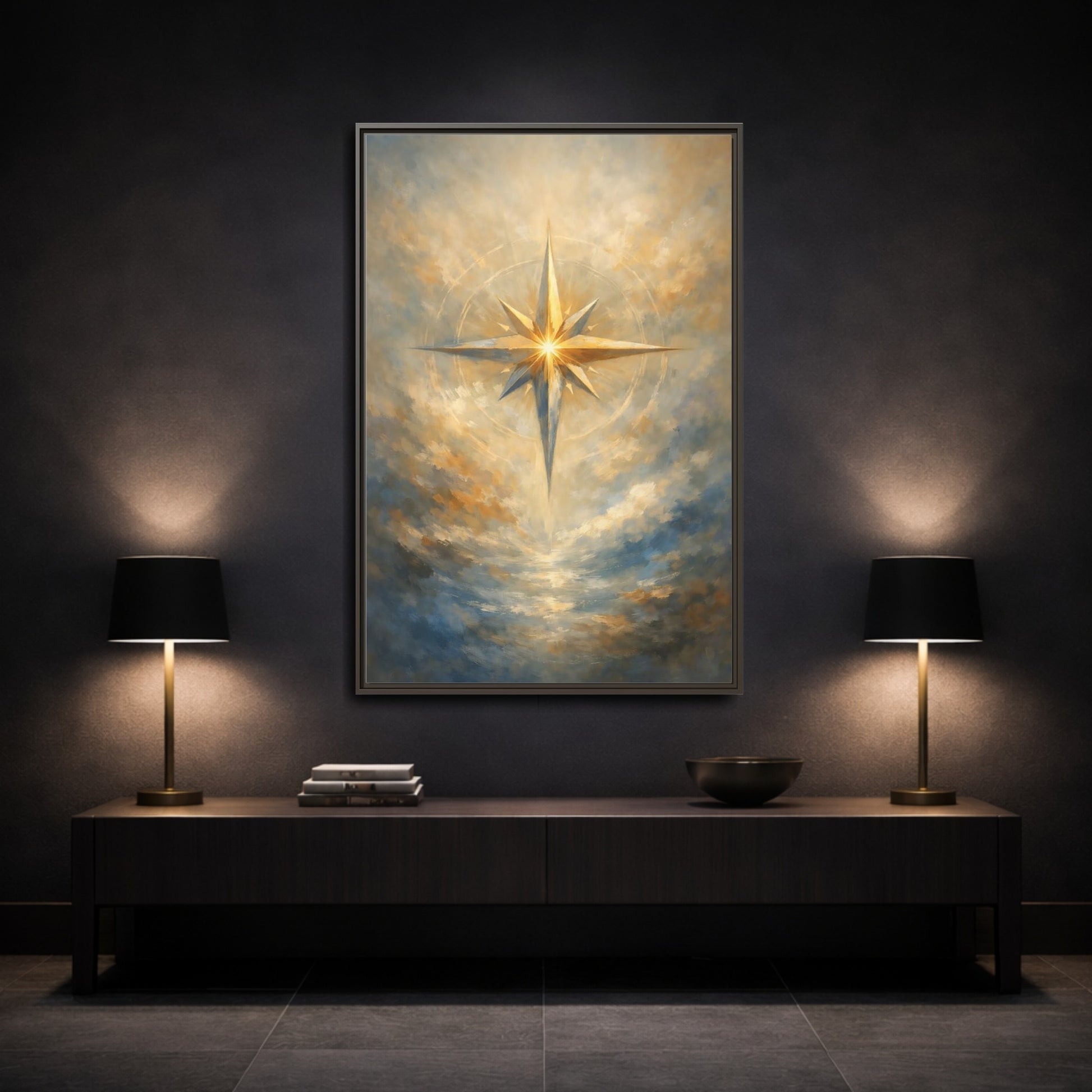 Mockup 2. Abstract Guiding Star Abstract Star Gold shown as stretched canvas wall art