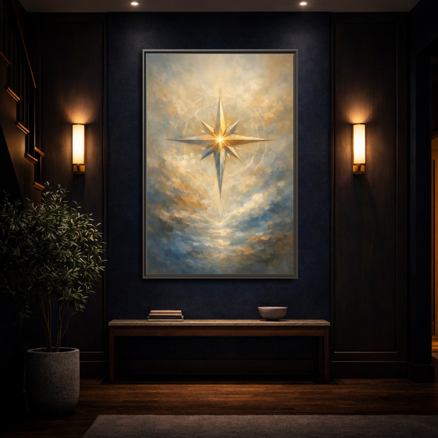 Mockup 3. Abstract Guiding Star Abstract Star Gold shown as stretched canvas wall art