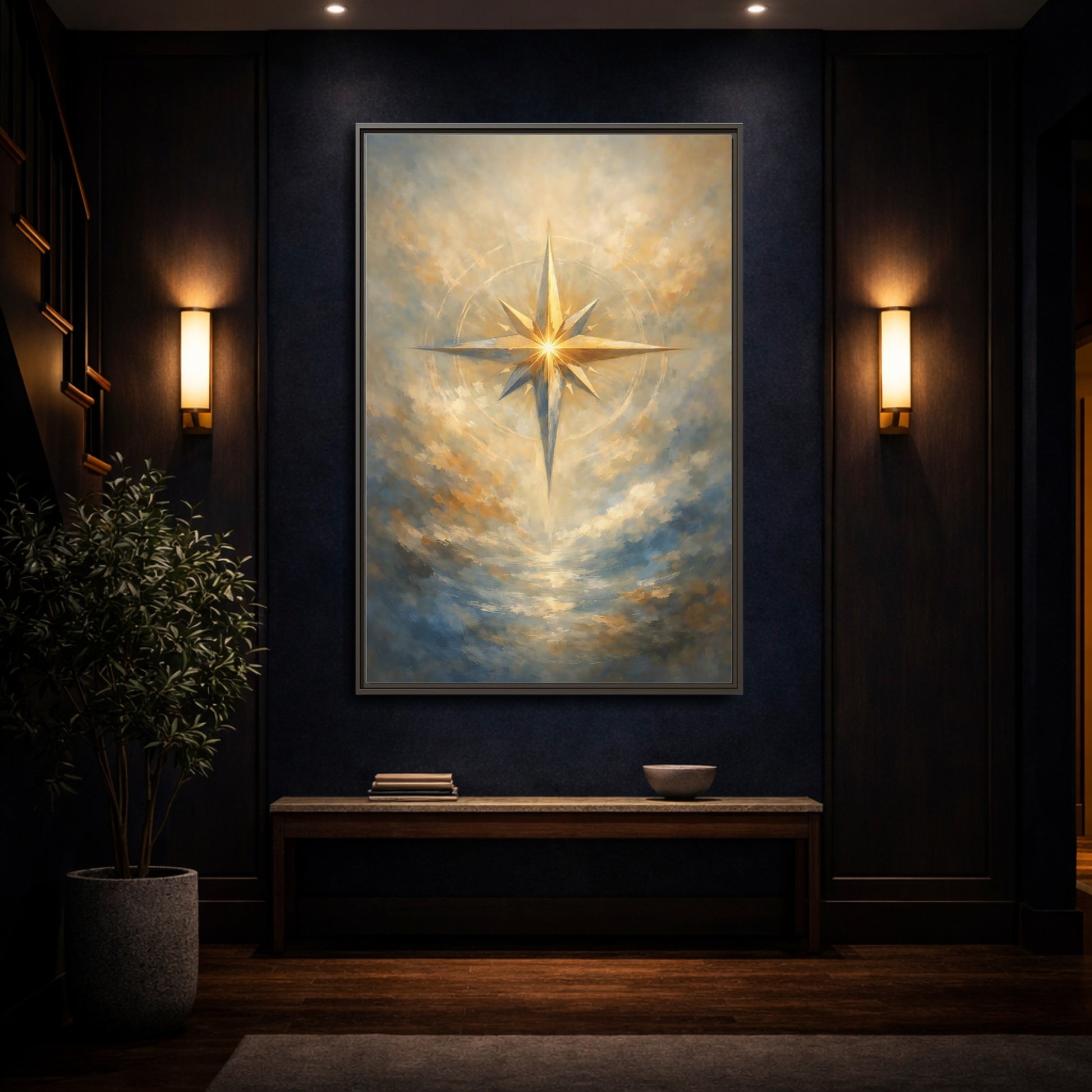 Mockup 3. Abstract Guiding Star Abstract Star Gold shown as stretched canvas wall art